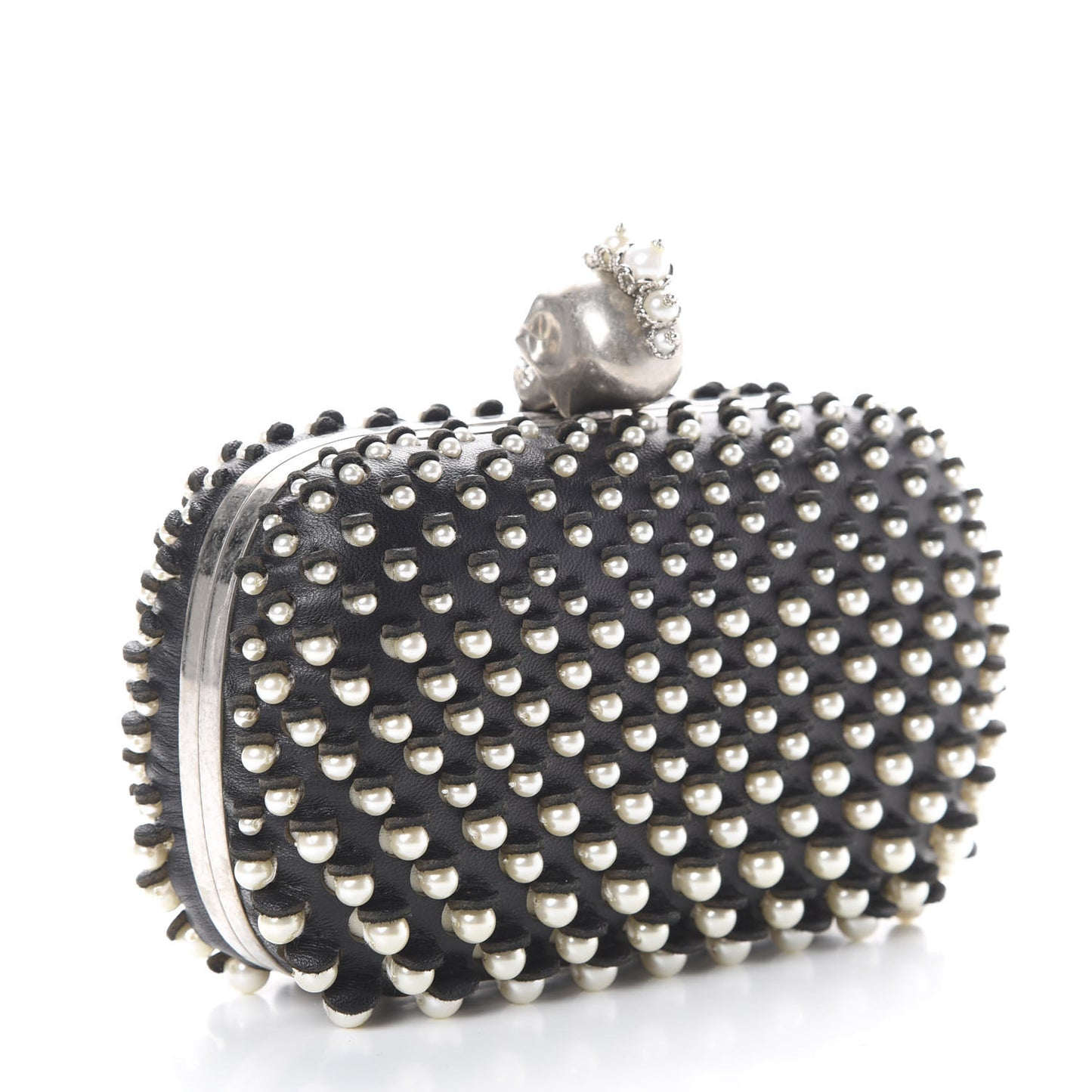 Pearl Embellished Calfskin Skull Box Clutch Black