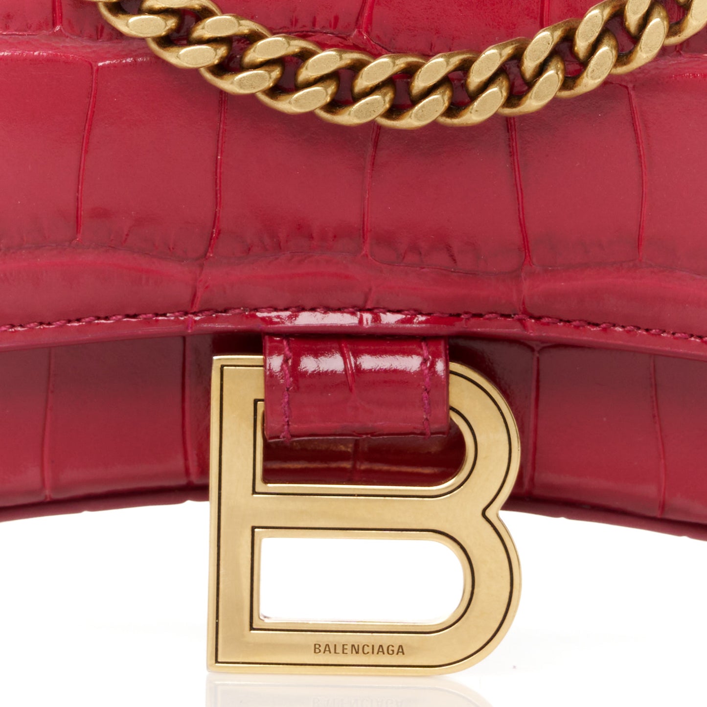 Shiny Calfskin Crocodile Embossed Hourglass Chain Bag Dark Red