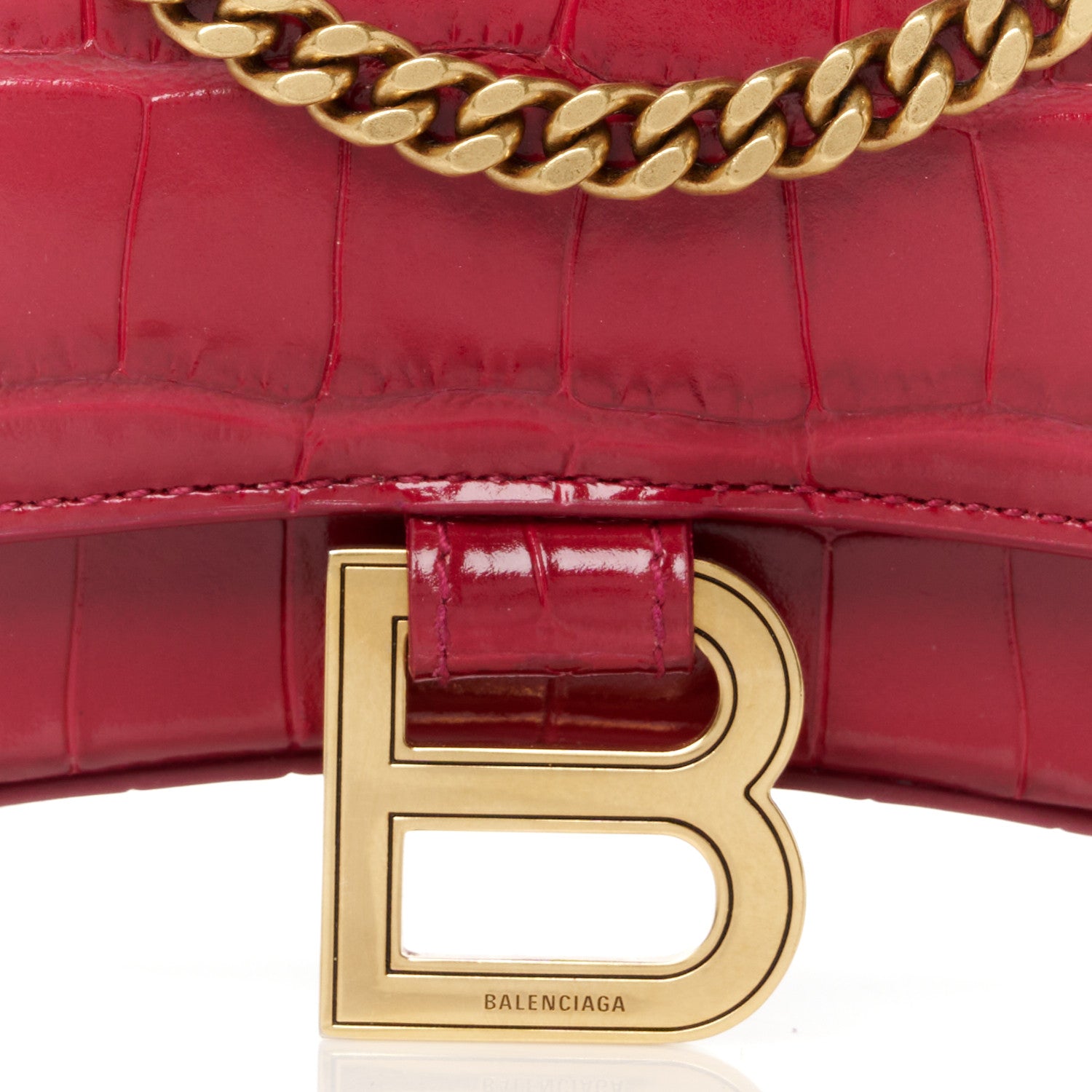Balenciaga Shiny Calfskin Crocodile Embossed Hourglass Chain Bag Dark Red 9 of 11