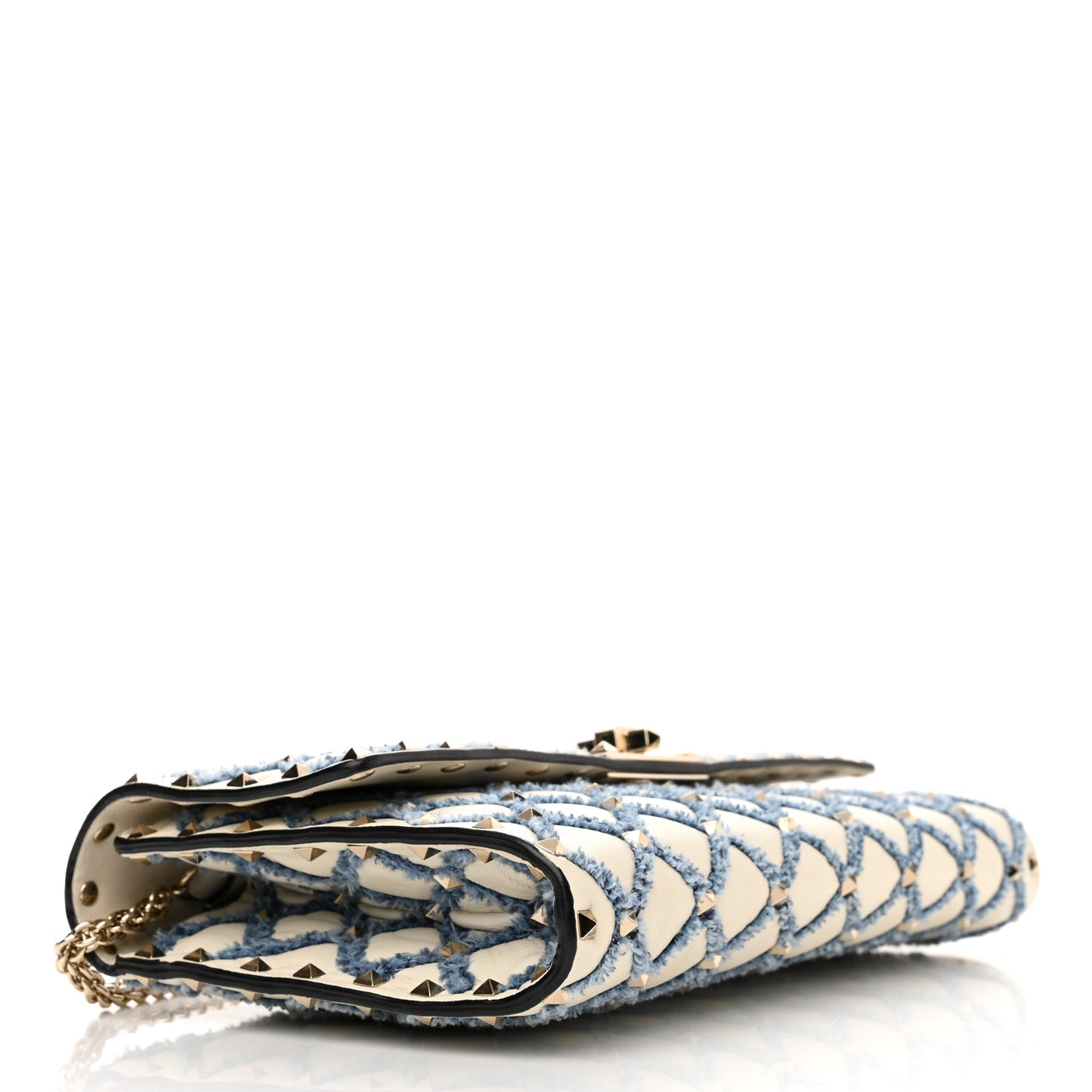Nappa Denim Quilted Rockstud Spike Wallet on Chain Ivory Blue