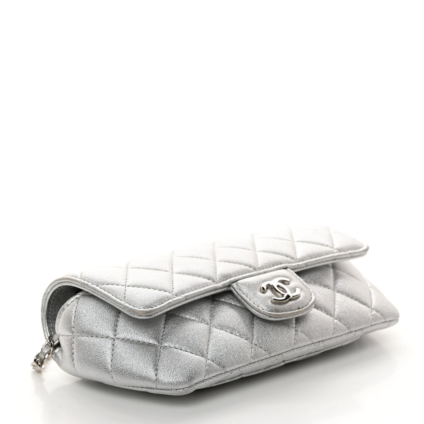 Metallic Lambskin Quilted Glasses Case With Chain Silver