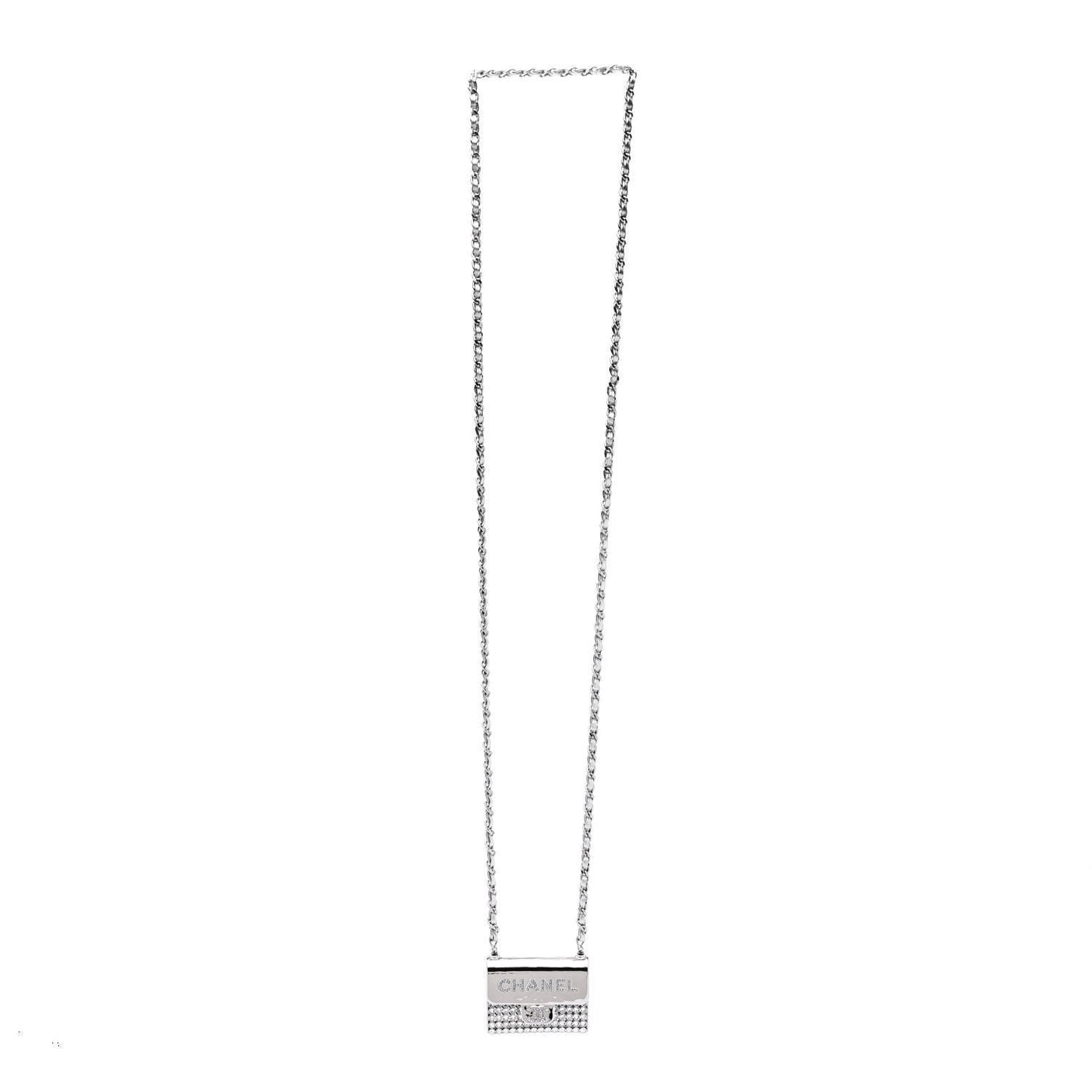 Metal Lambskin Strass Crystal Purse CC Long Necklace Silver