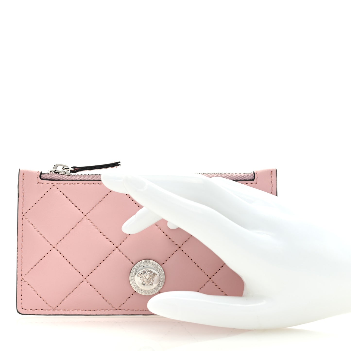 Calfskin Quilted Medusa Zip Card Holder Wallet Pink