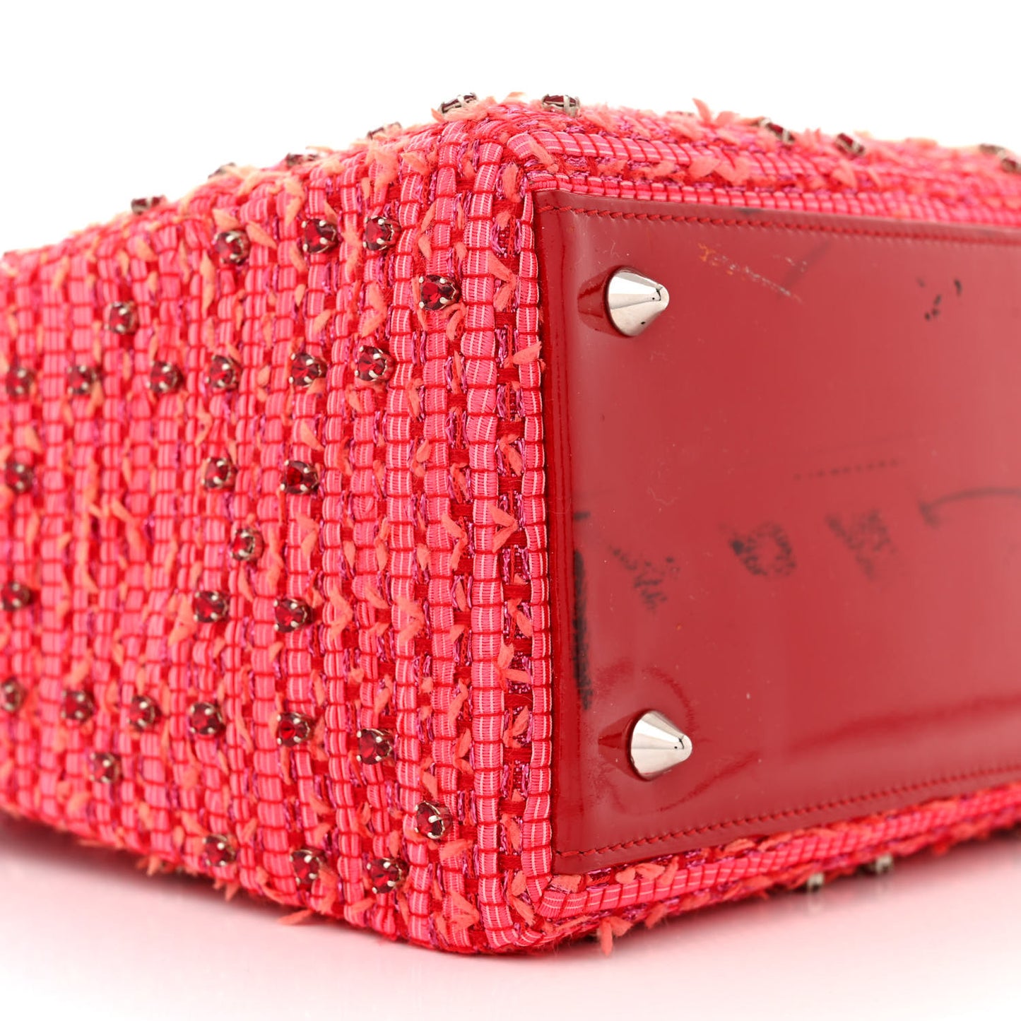 Tweed Fringe Rhinestone Medium Lady Dior Red