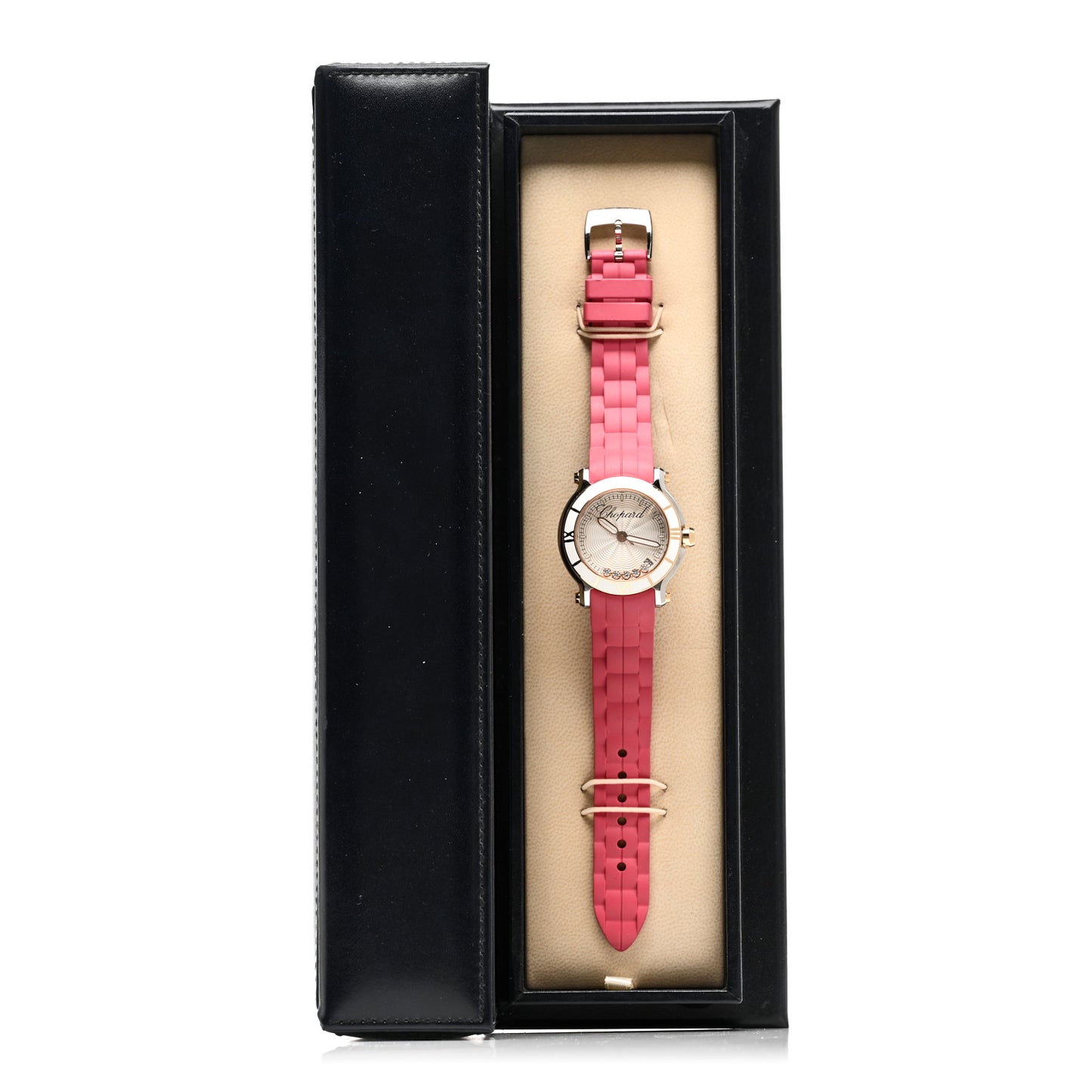 Stainless Steel 18K Rose Gold Rubber 5 Diamond 36mm Happy Sport Guilloche Quartz Watch