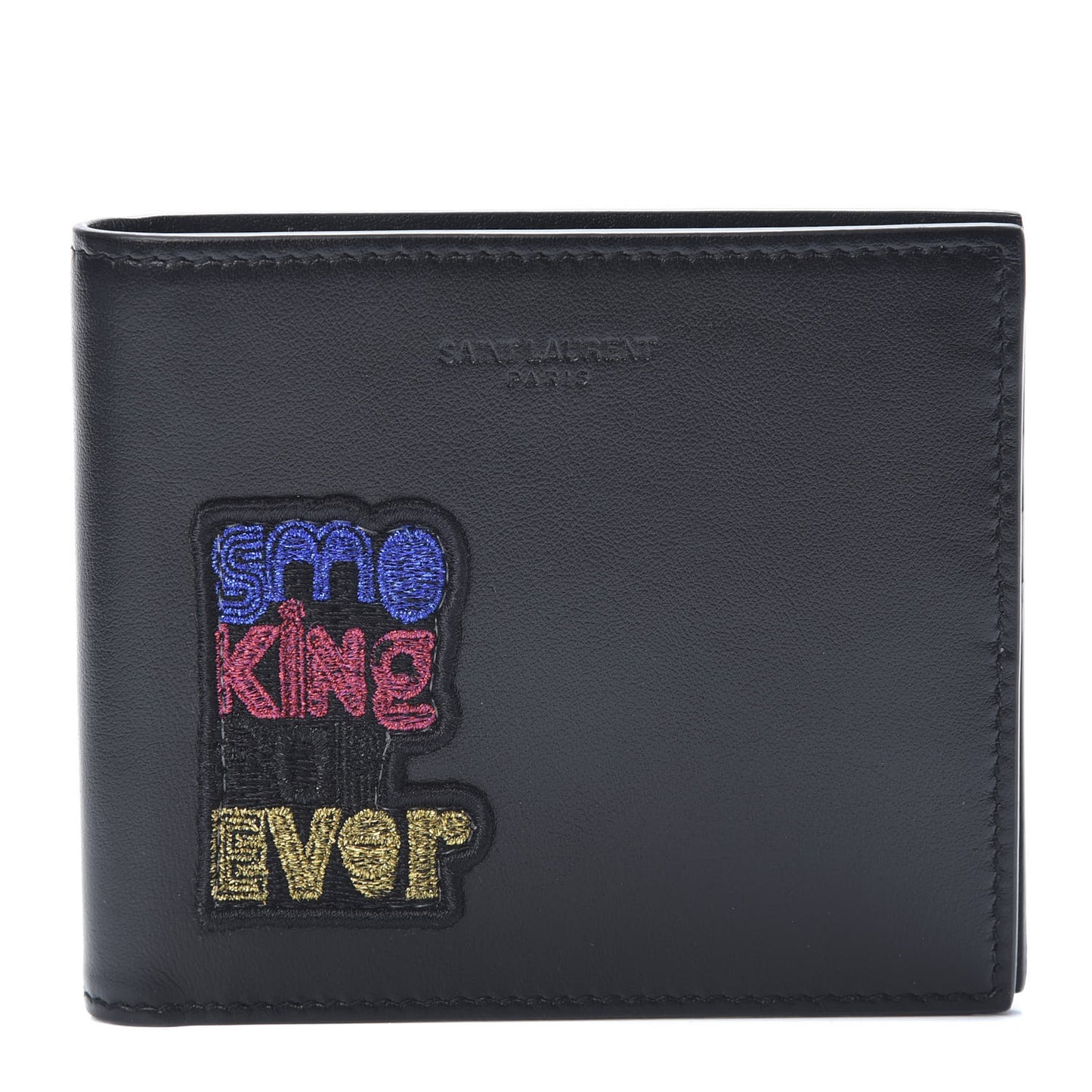 Calfskin Smoking Forever Patch Bifold Wallet Black