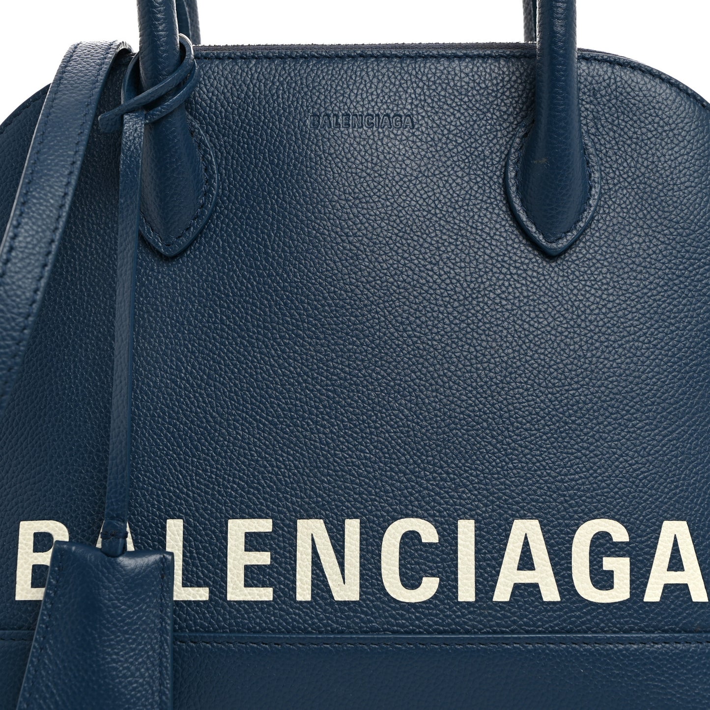 Signature Grained Calfskin Logo S Ville Top Handle Bag Petrol Blue White