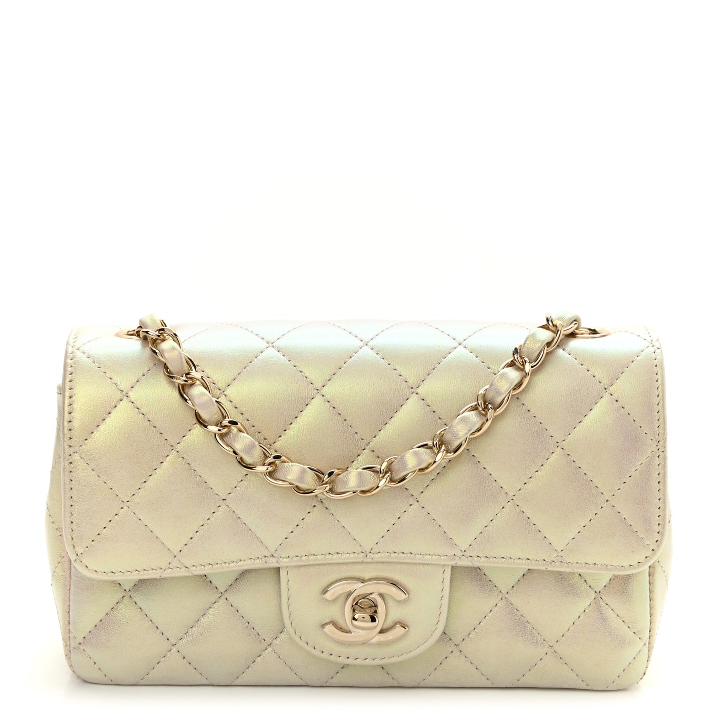 Iridescent Lambskin Quilted Mini Rectangular Flap Ivory
