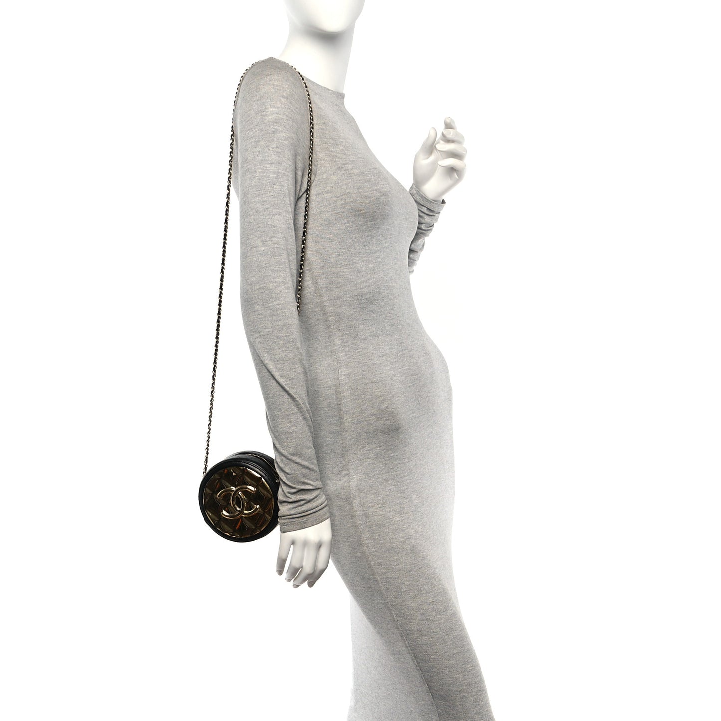 Lambskin Quilted Golden Plate Round Clutch With Chain Black