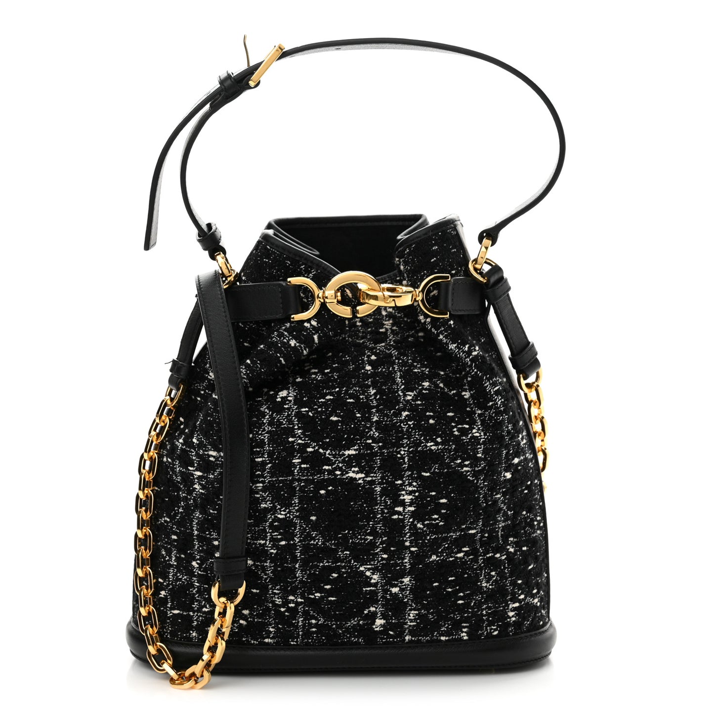 Calfskin Tweed Cannage Medium C'est Chain Bucket Bag Black White