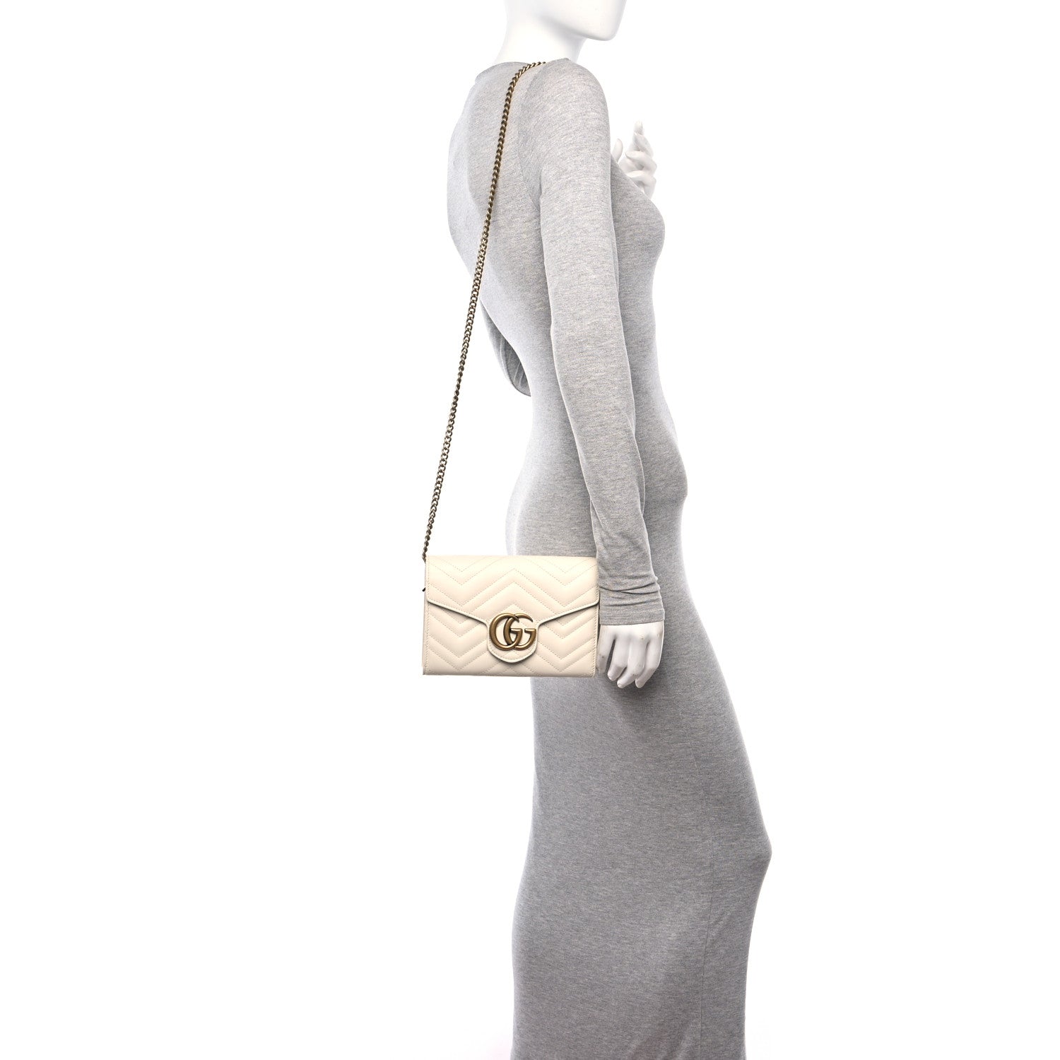 Gucci Calfskin Matelasse GG Marmont Chain Wallet Mystic White 2 of 12