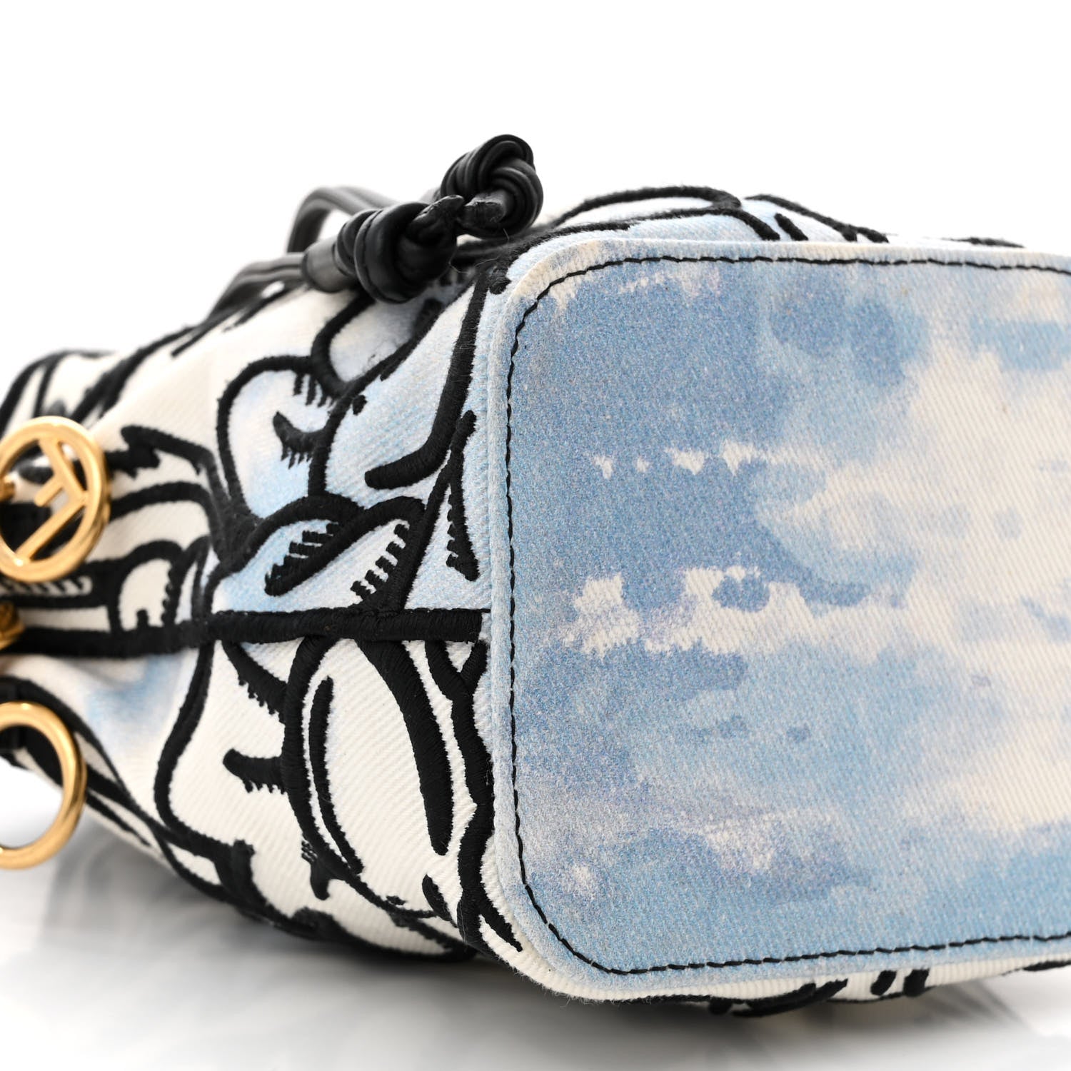Fendi X JOSHUA VIDES Fabric Flower Clouds Embroidered Mini Mon Tresor Bucket Bag White Celeste Black 9 of 10