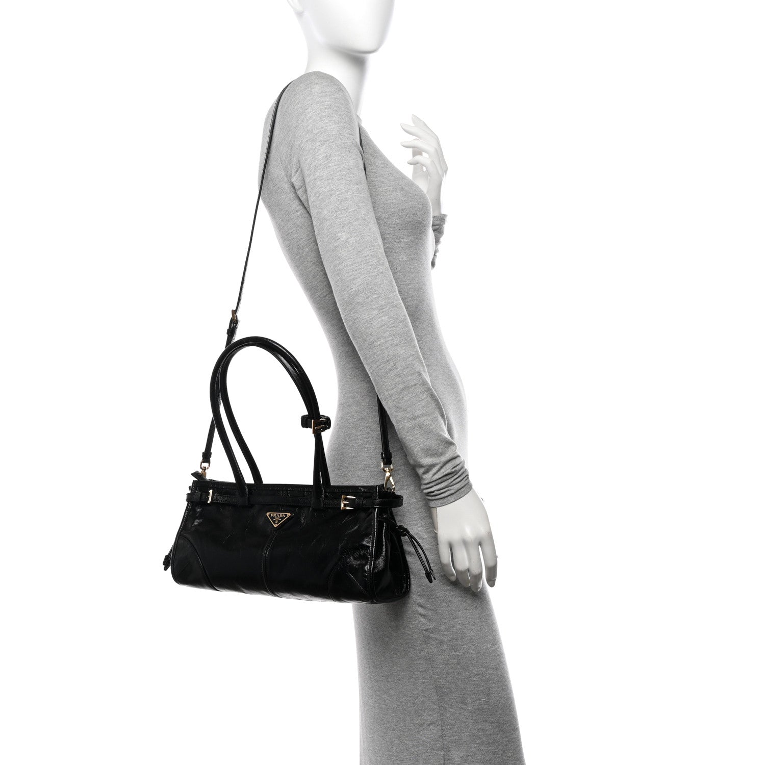 Prada Glossy Calfskin Triangle Medium Bonnie Shoulder Bag Black 2 of 11