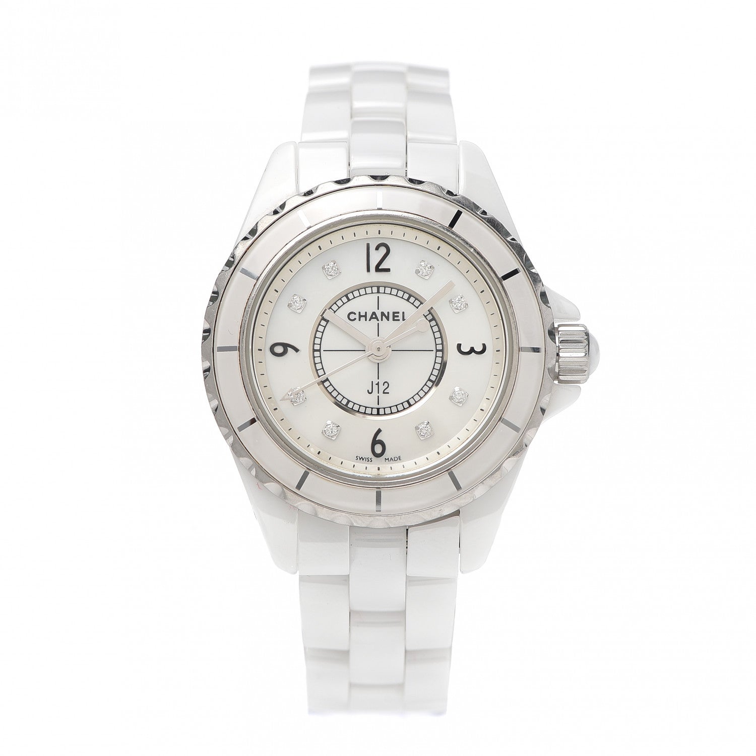 Chanel Stainless Steel Ceramic Diamond Mother of Pearl 29mm J12 Quartz Watch White 1 of 5