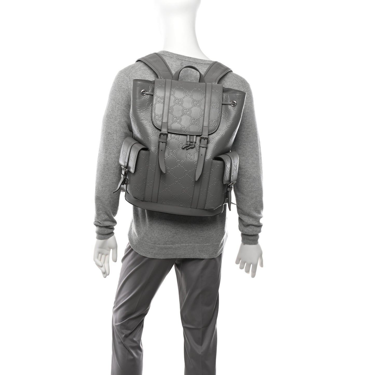Calfskin GG Tennis Embossed Double Buckle Backpack Grey
