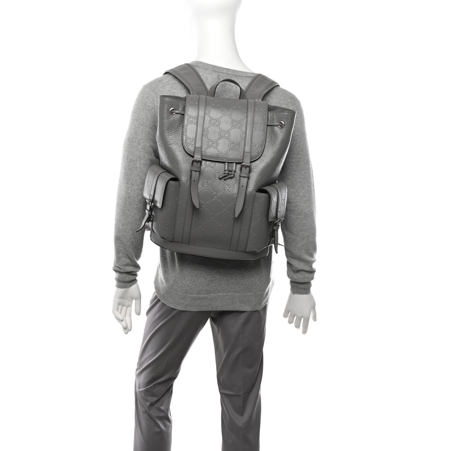 Gucci Calfskin GG Tennis Embossed Double Buckle Backpack Grey 2 of 13