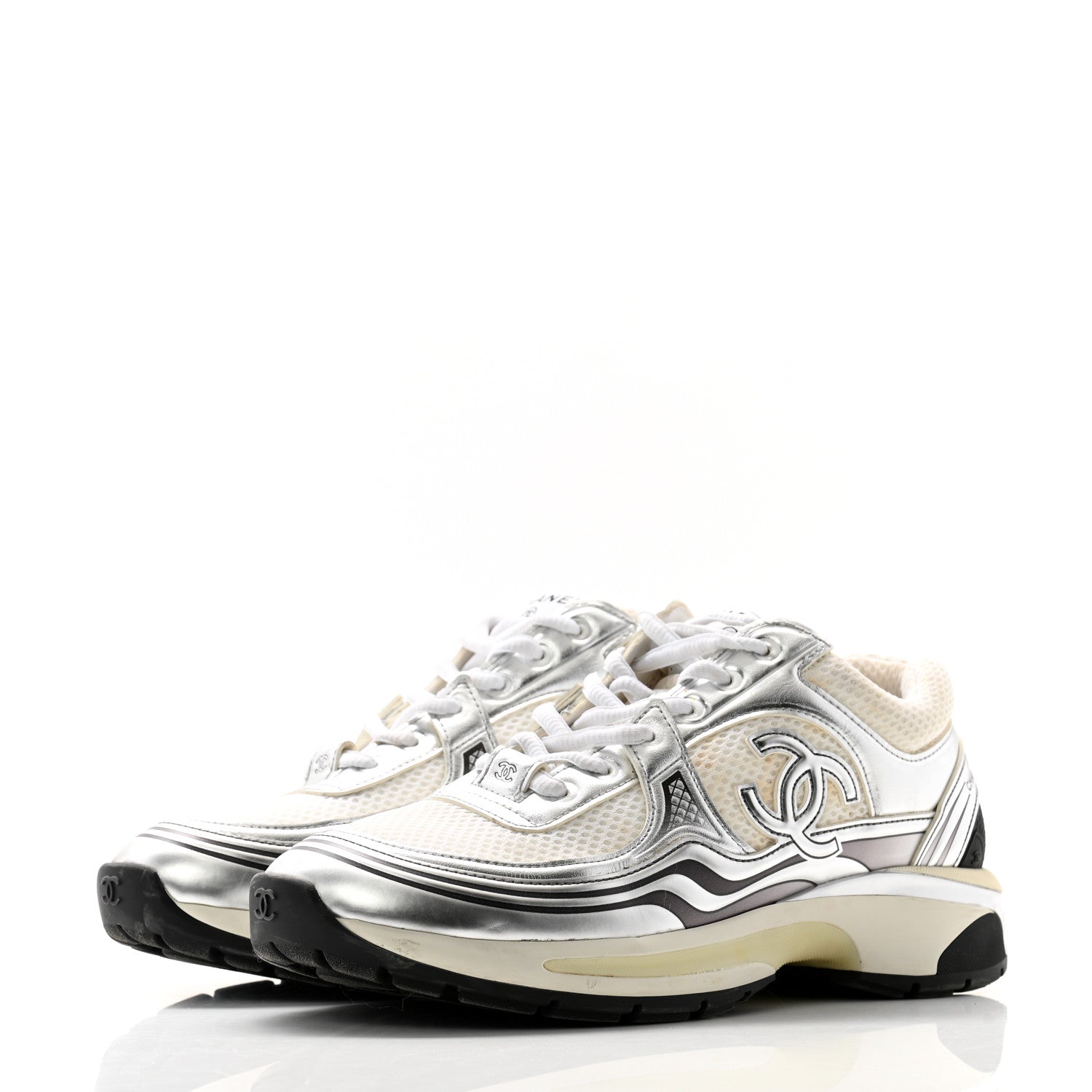 Chanel Fabric Laminated Calfskin Stretch CC Womens Sneakers 39 White Silver 3 of 10