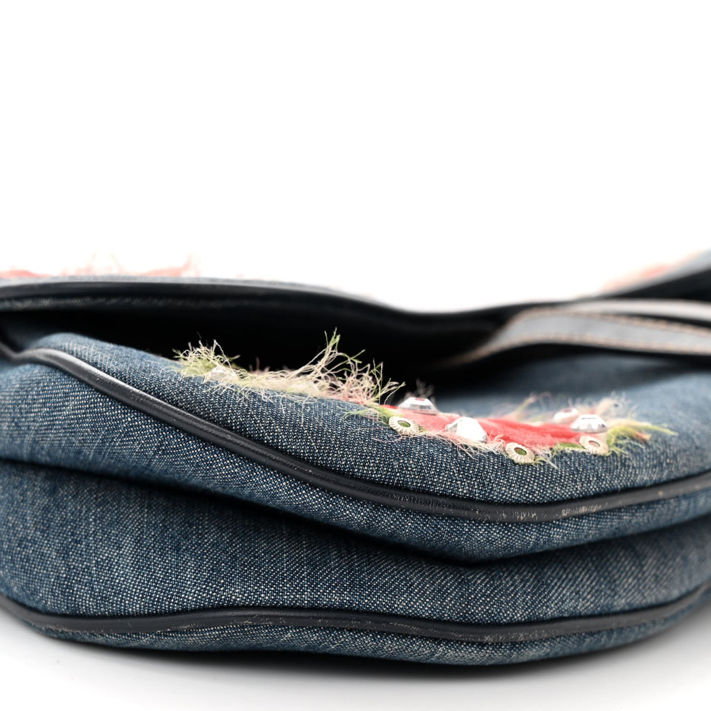 Denim Crystal Floral Embroidered Saddle Bag Multicolor