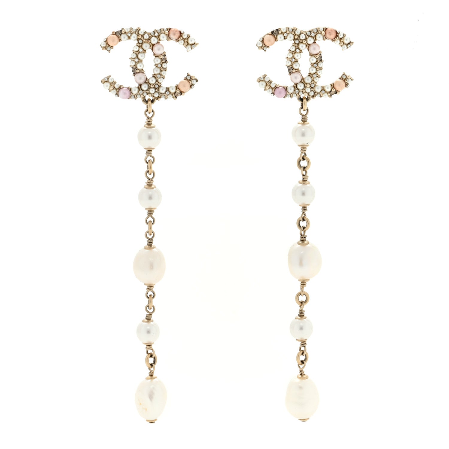 Chanel Pearl Crystal CC Charm Drop Earrings Gold Pink Pearly White 1 of 4