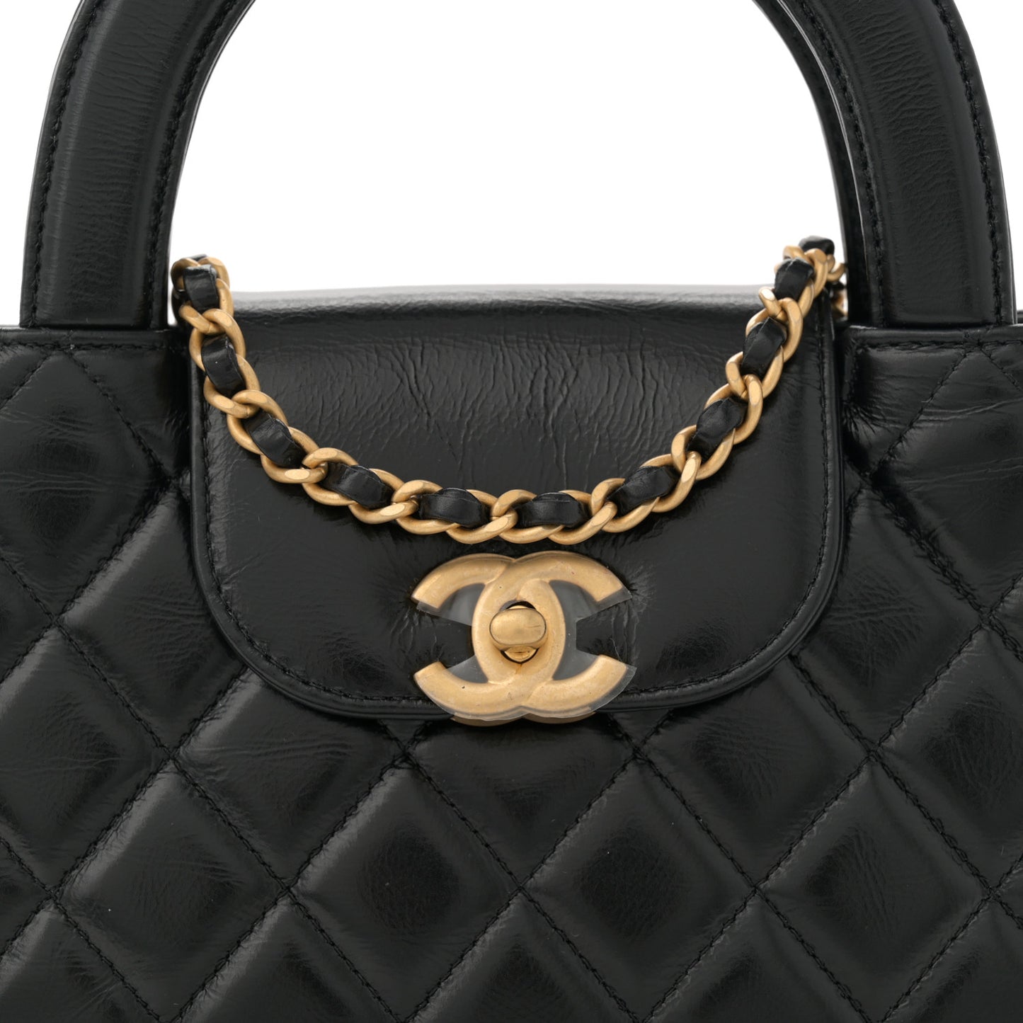 Shiny Aged Calfskin Quilted Nano Kelly Shopper Black