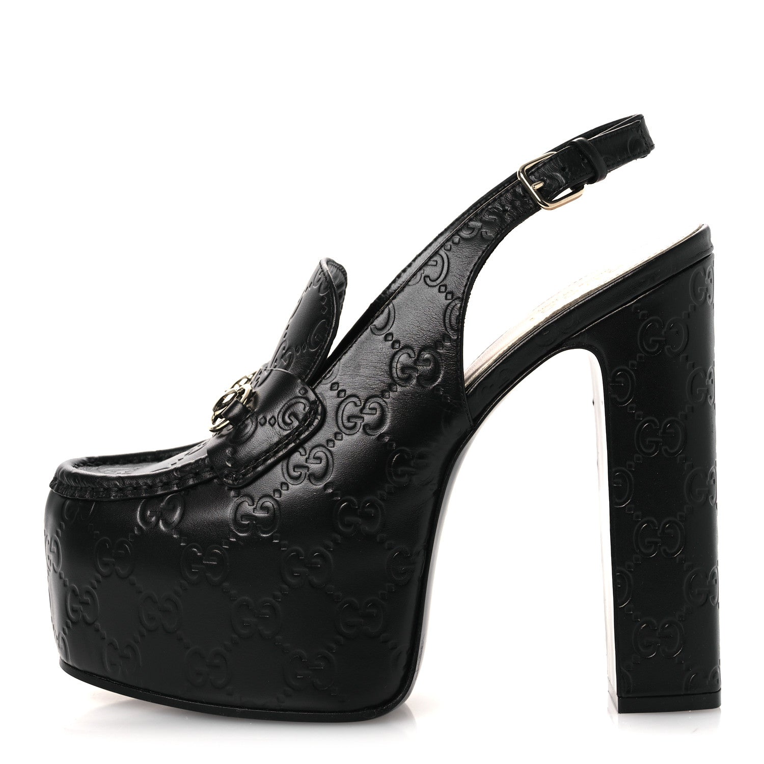 m*p様 GUCCI ブラック プラットフォームヒール Gucci Guccissima Horsebit Platform 70/160mm Slingback Mules 38.5