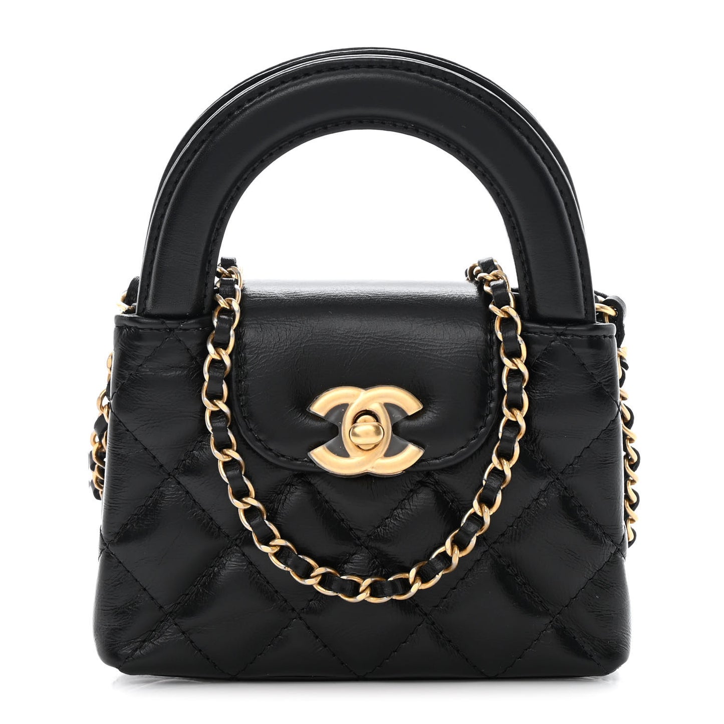 Shiny Aged Calfskin Quilted Mini Nano Kelly Shopper Black