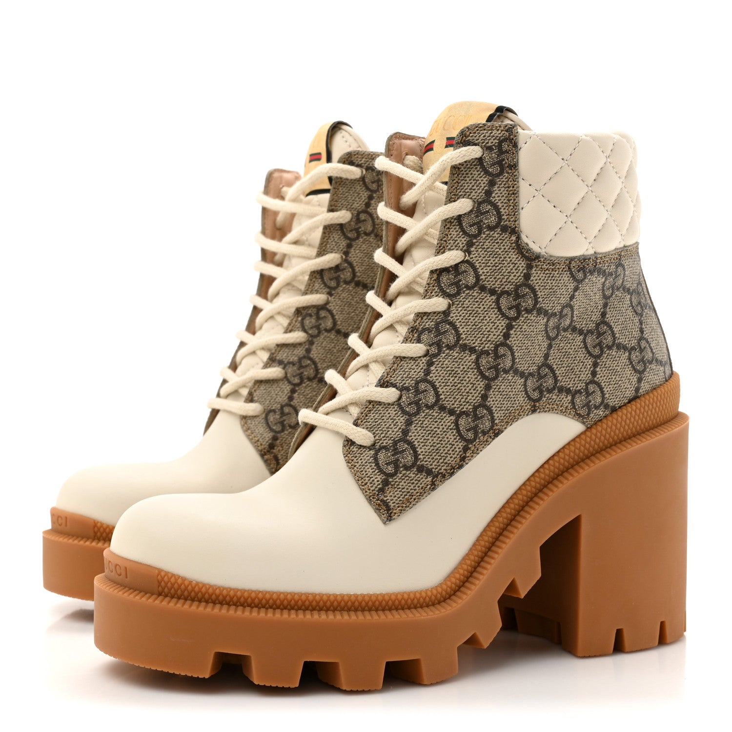 Gucci Calfskin GG Supreme Monogram Nappa Quilted Lace Up Ankle Boots 35 Mystic White Beige 4 of 10