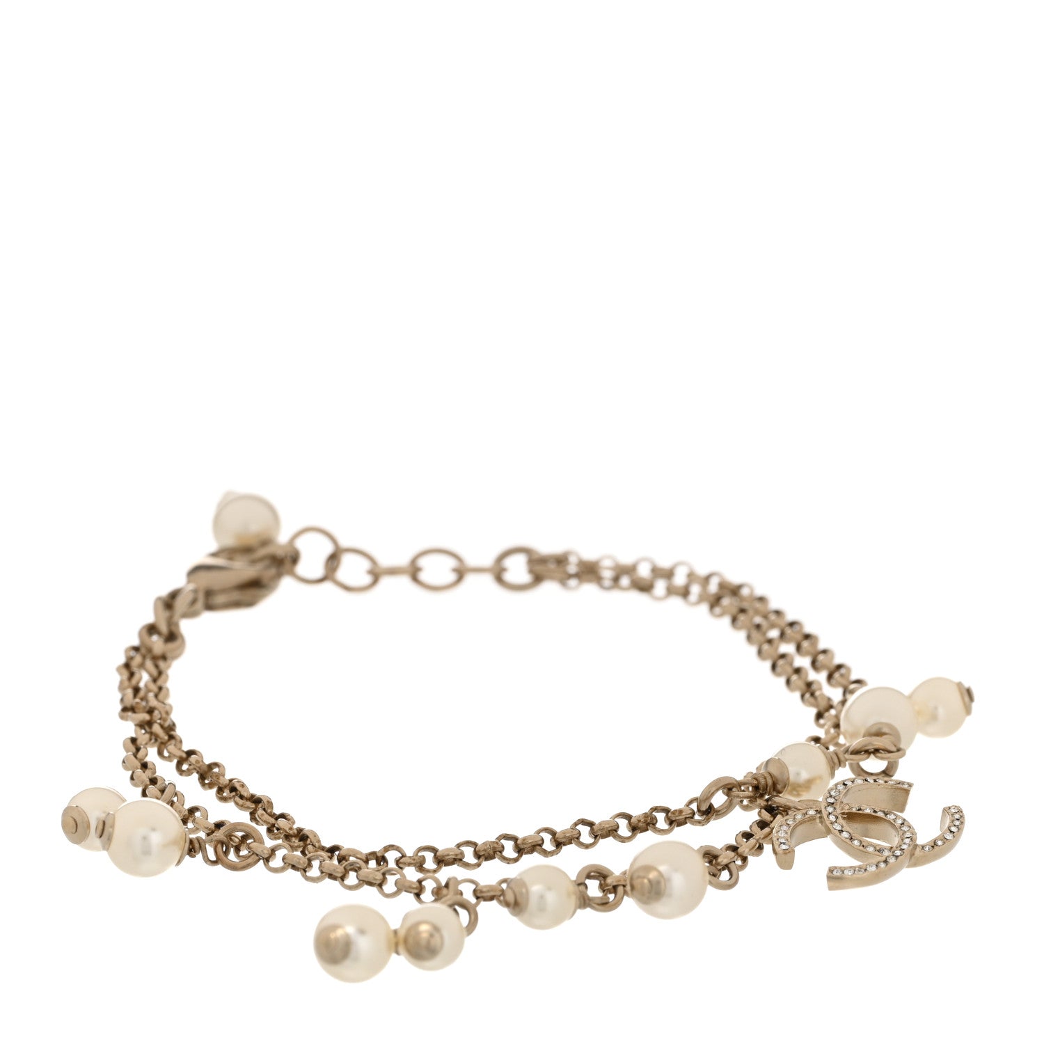 Chanel Pearl Crystal CC Dangle Bracelet Gold 1 of 5