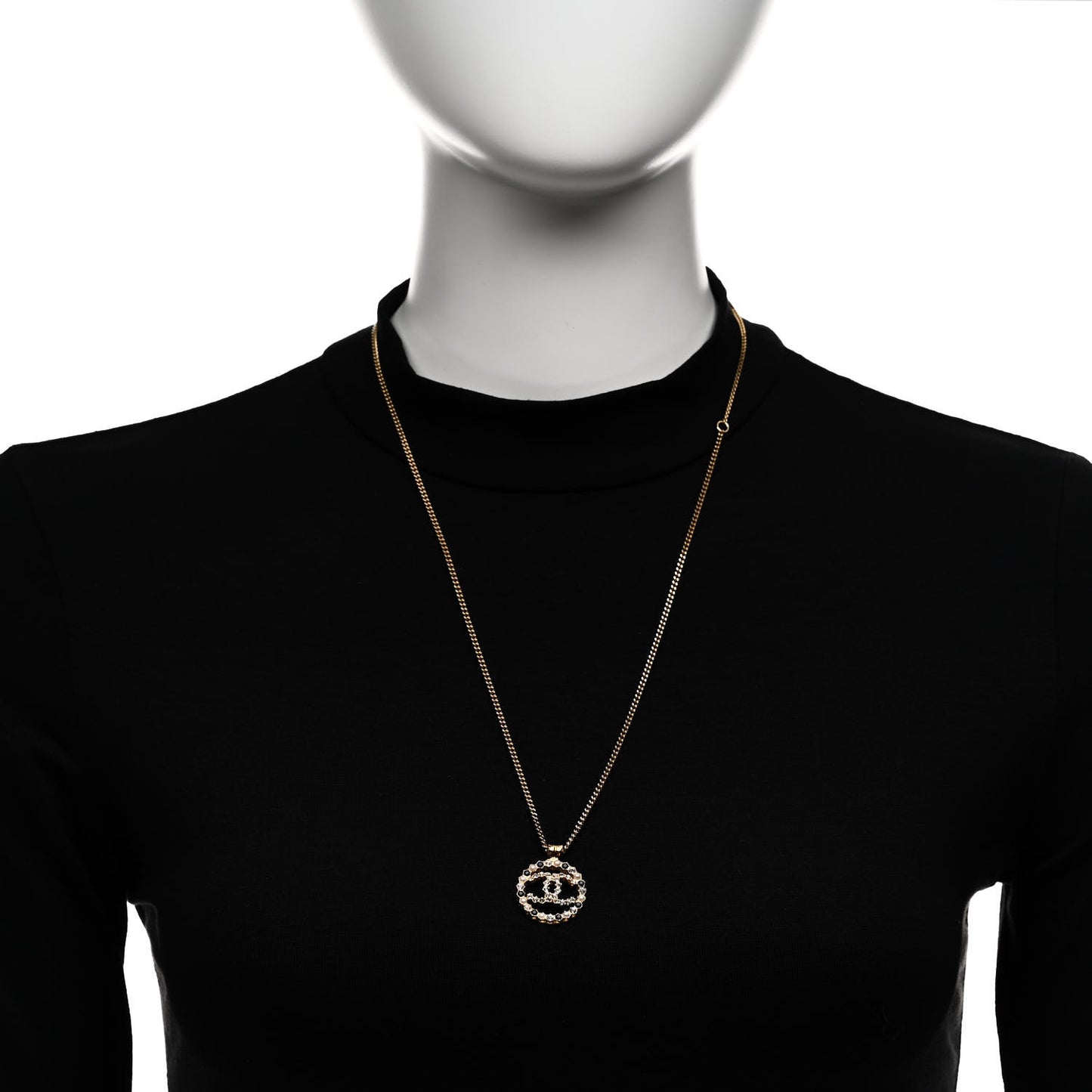 Pearl Crystal CC Round Pendant Necklace Gold Black