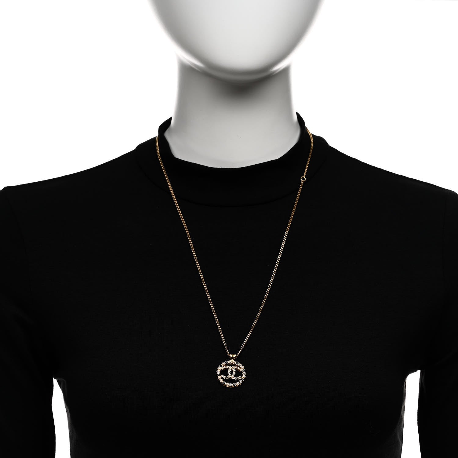 Chanel Pearl Crystal CC Round Pendant Necklace Gold Black 2 of 6