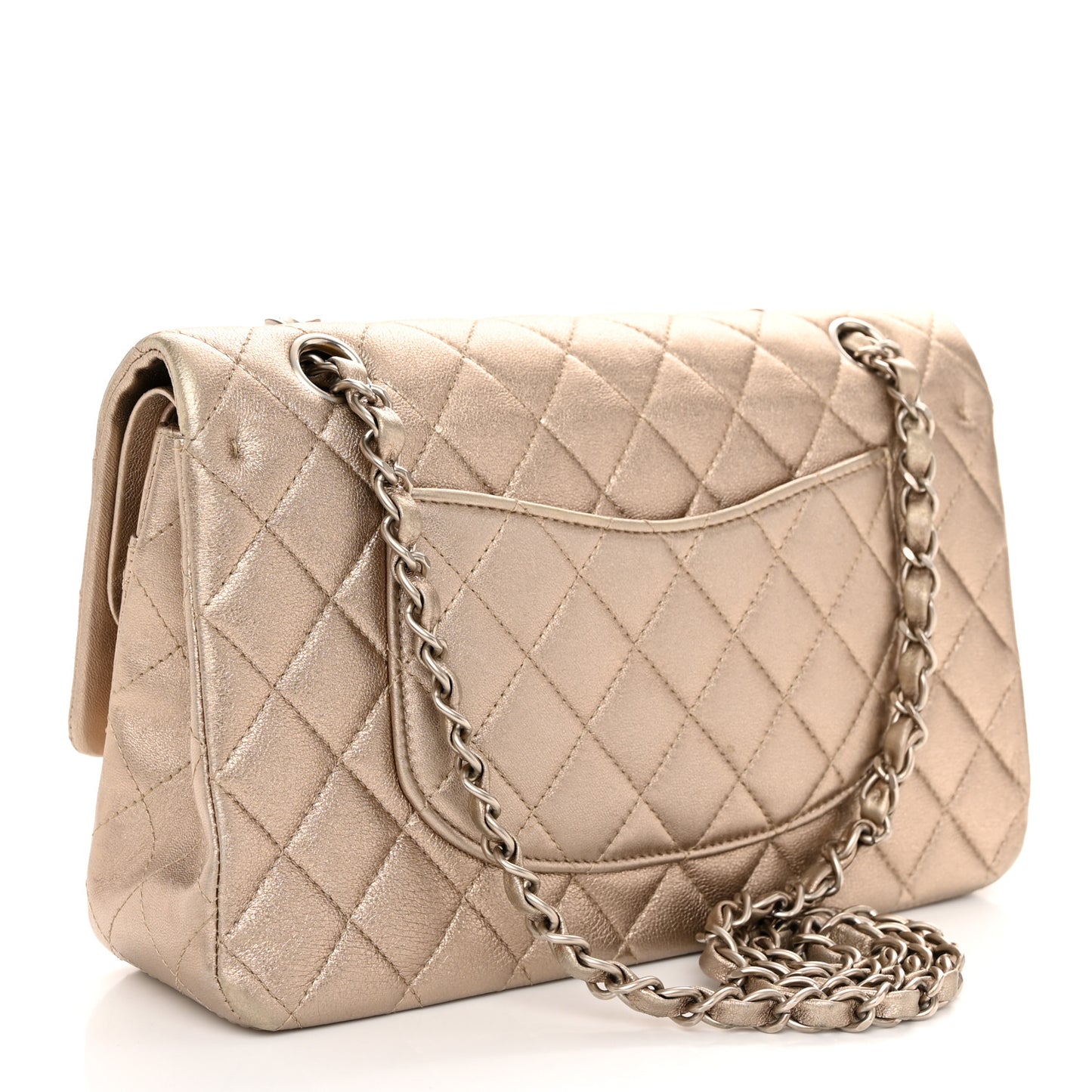 Metallic Lambskin Quilted Medium Double Flap Gold