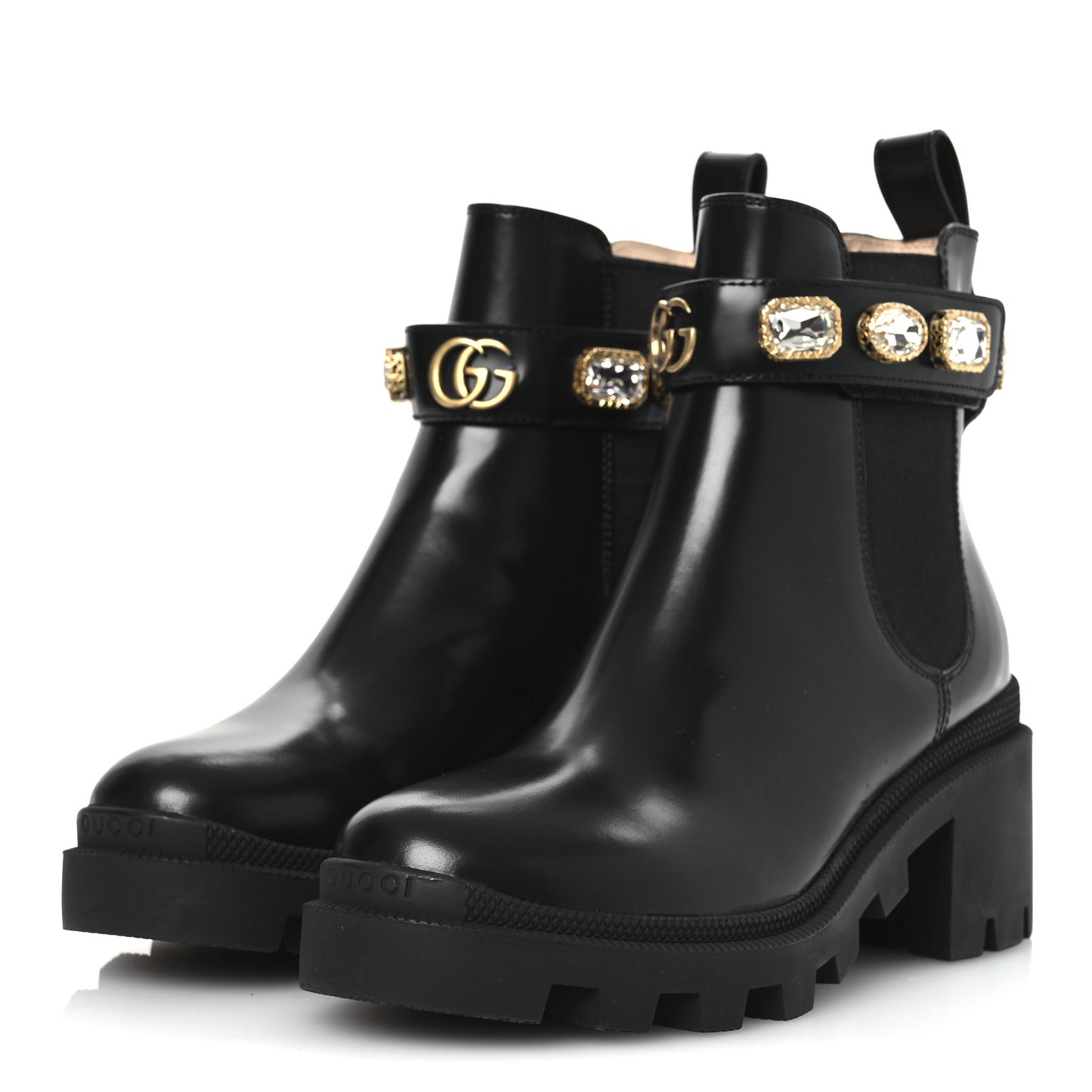 Calfskin Crystal GG Trip Chelsea Ankle Boots 35.5 Black