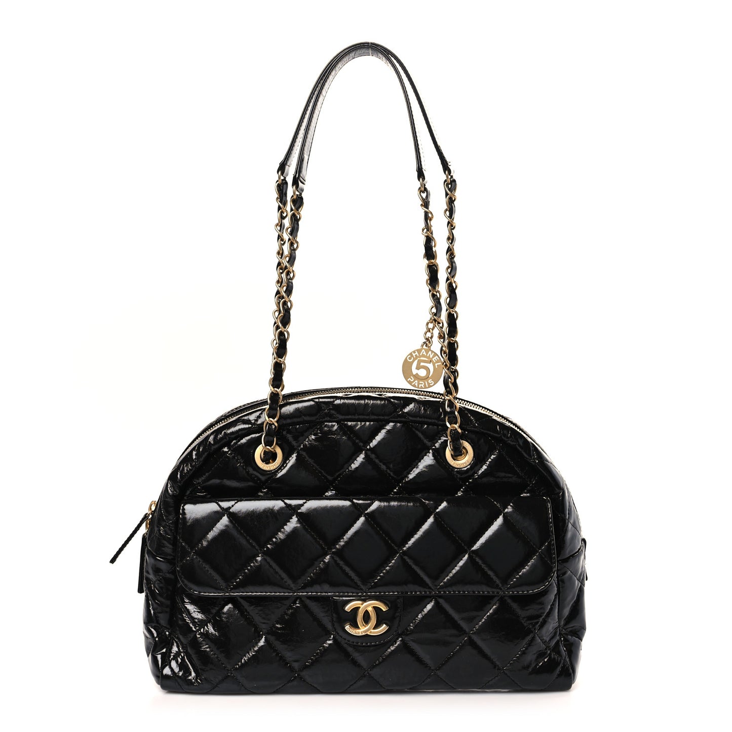 Shiny Crumpled Calfskin Quilted Large Bowling Bag Black