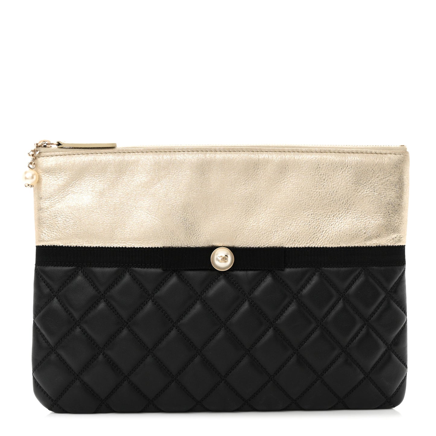 Metallic Goatskin Lambskin Grosgrain Pearl CC Medium Cosmetic Case Black Gold