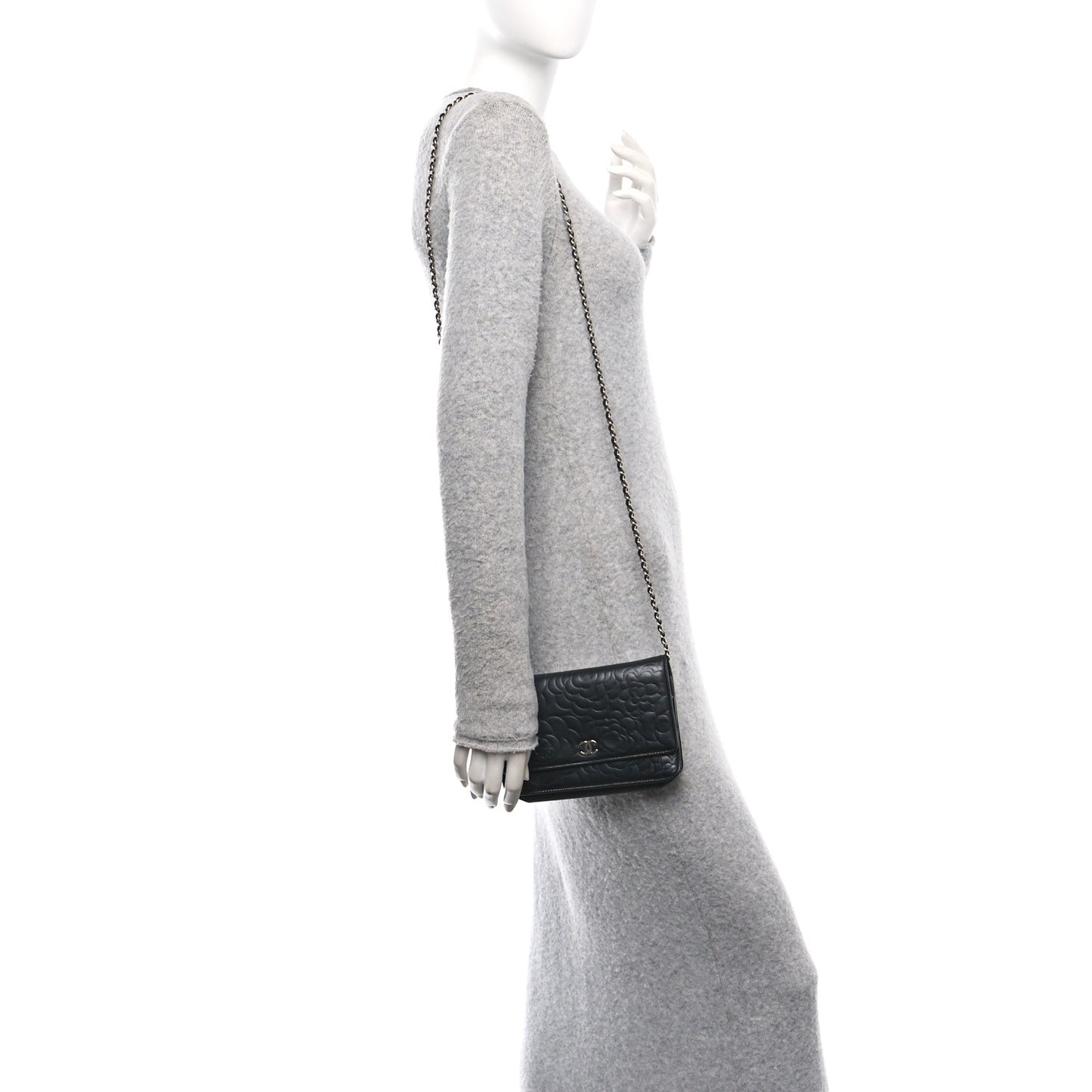 Lambskin Camellia Embossed Wallet on Chain WOC Black