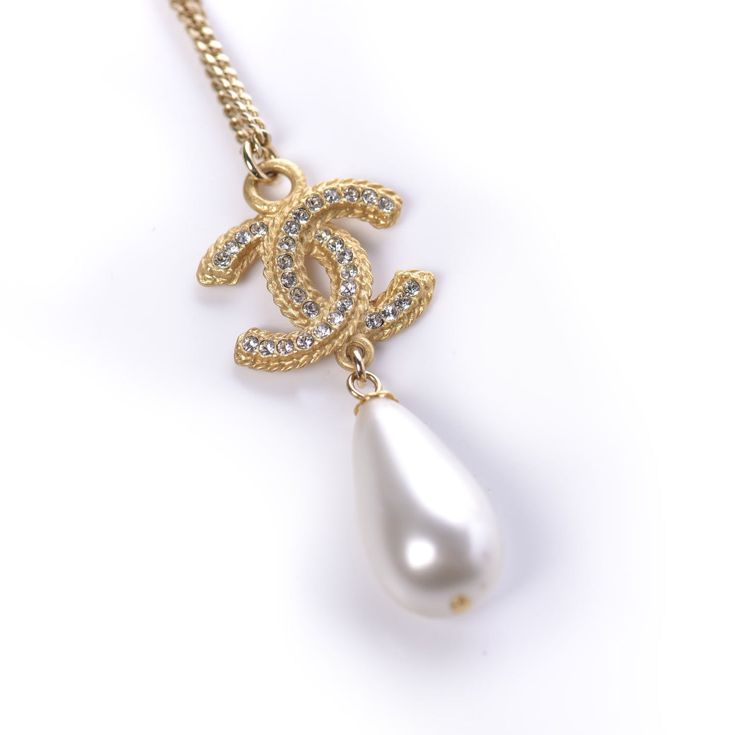 Pearl Crystal CC Drop Necklace Gold