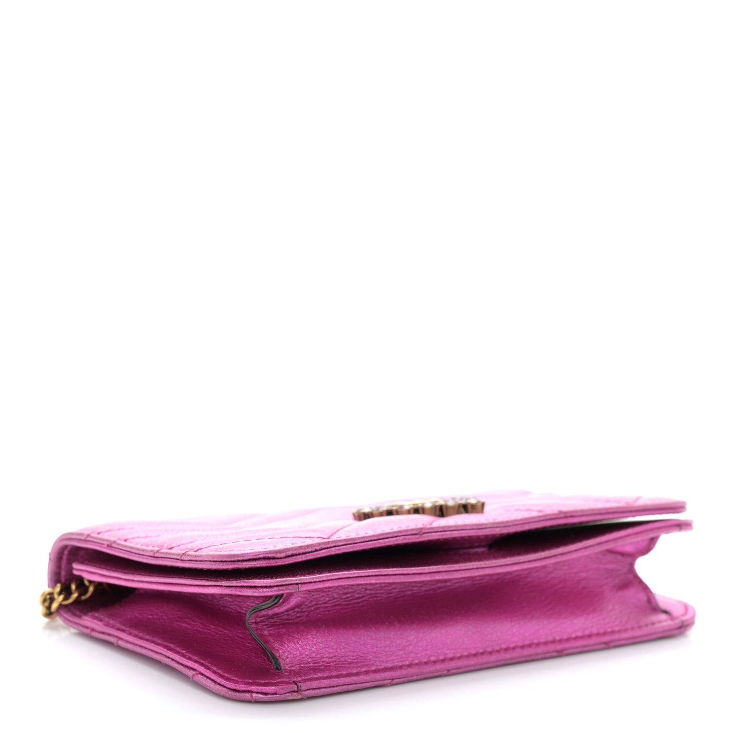 Metallic Calfskin Matelasse Crystal GG Marmont Mini Bag Fuchsia