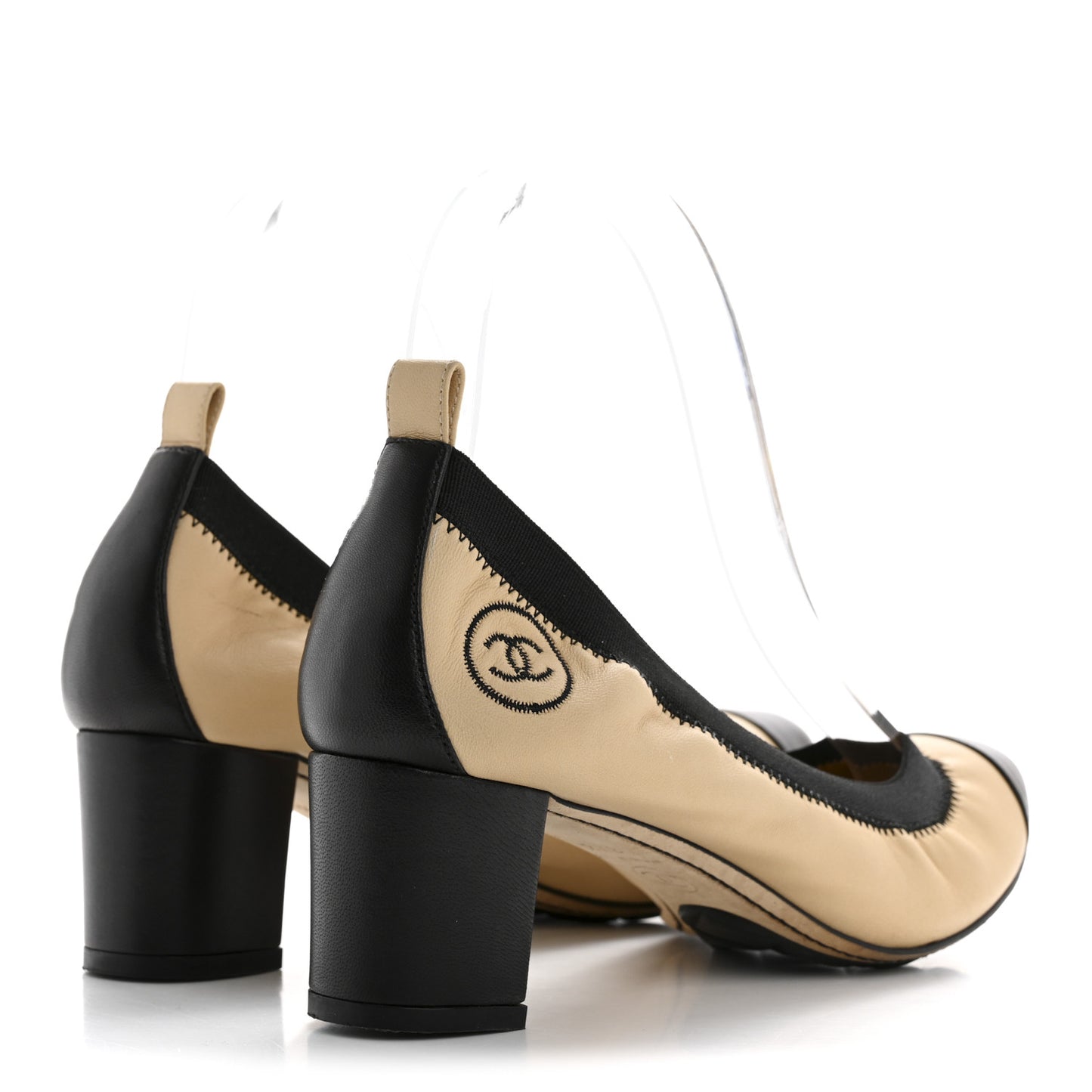 Lambskin CC Elastic Stretch Pumps 37.5 Beige Black