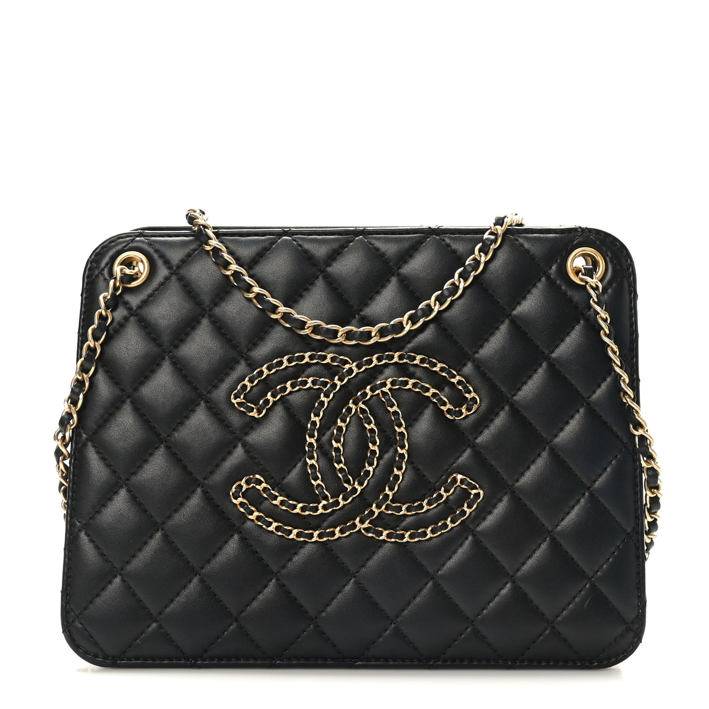 Calfskin Quilted CC Chain Accordion Tote Black