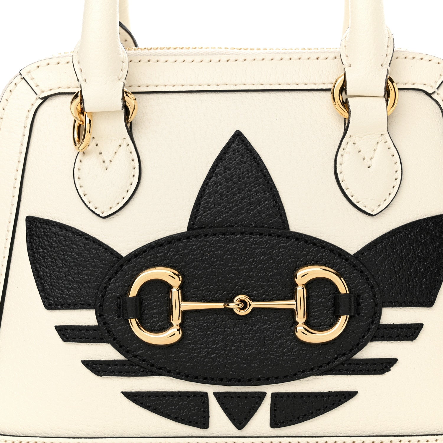 Gucci X ADIDAS Textured Dollar Calfskin Web Trefoil Mini Horsebit 1955 Top Handle Bag Off White Black 8 of 11