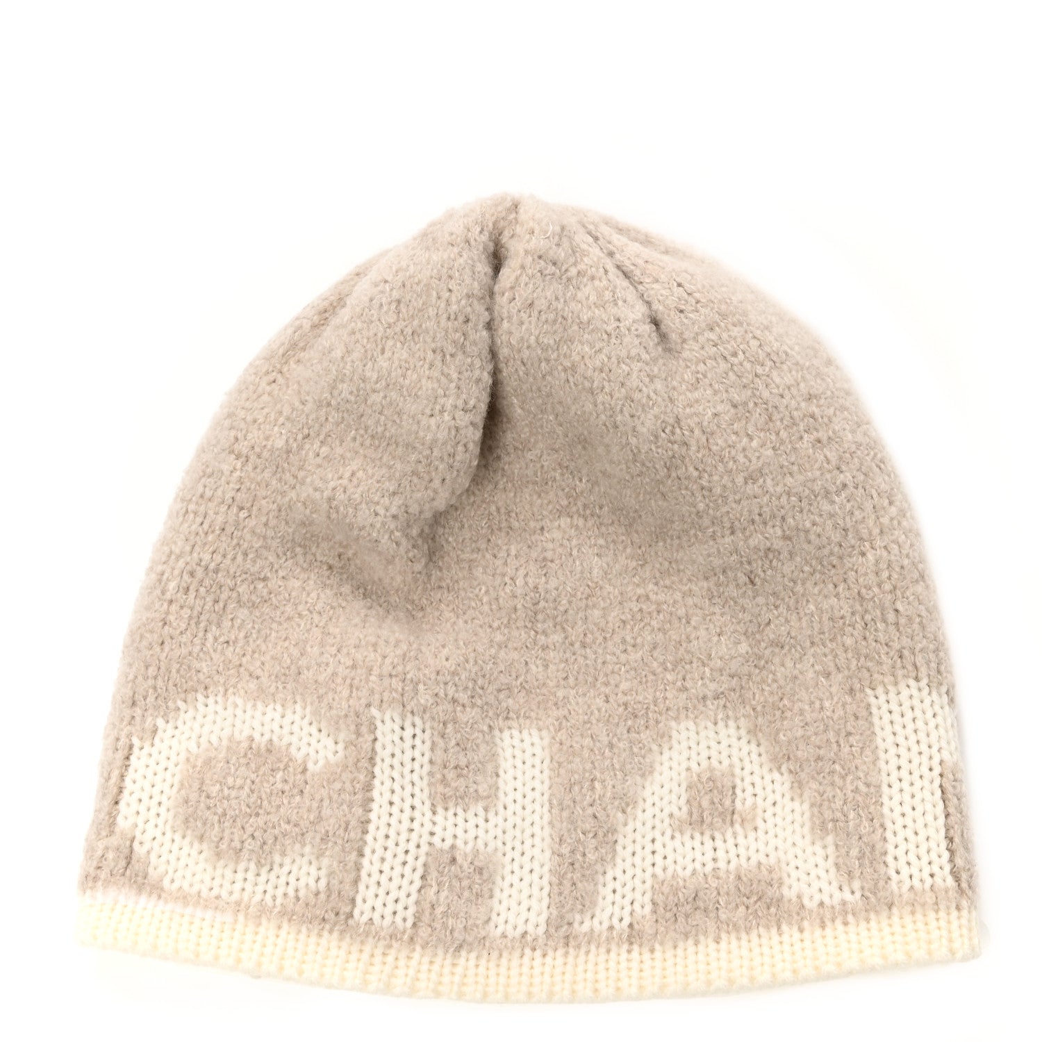 Chanel Cashmere Wool Silk Logo Beanie Hat Beige White 1 of 3