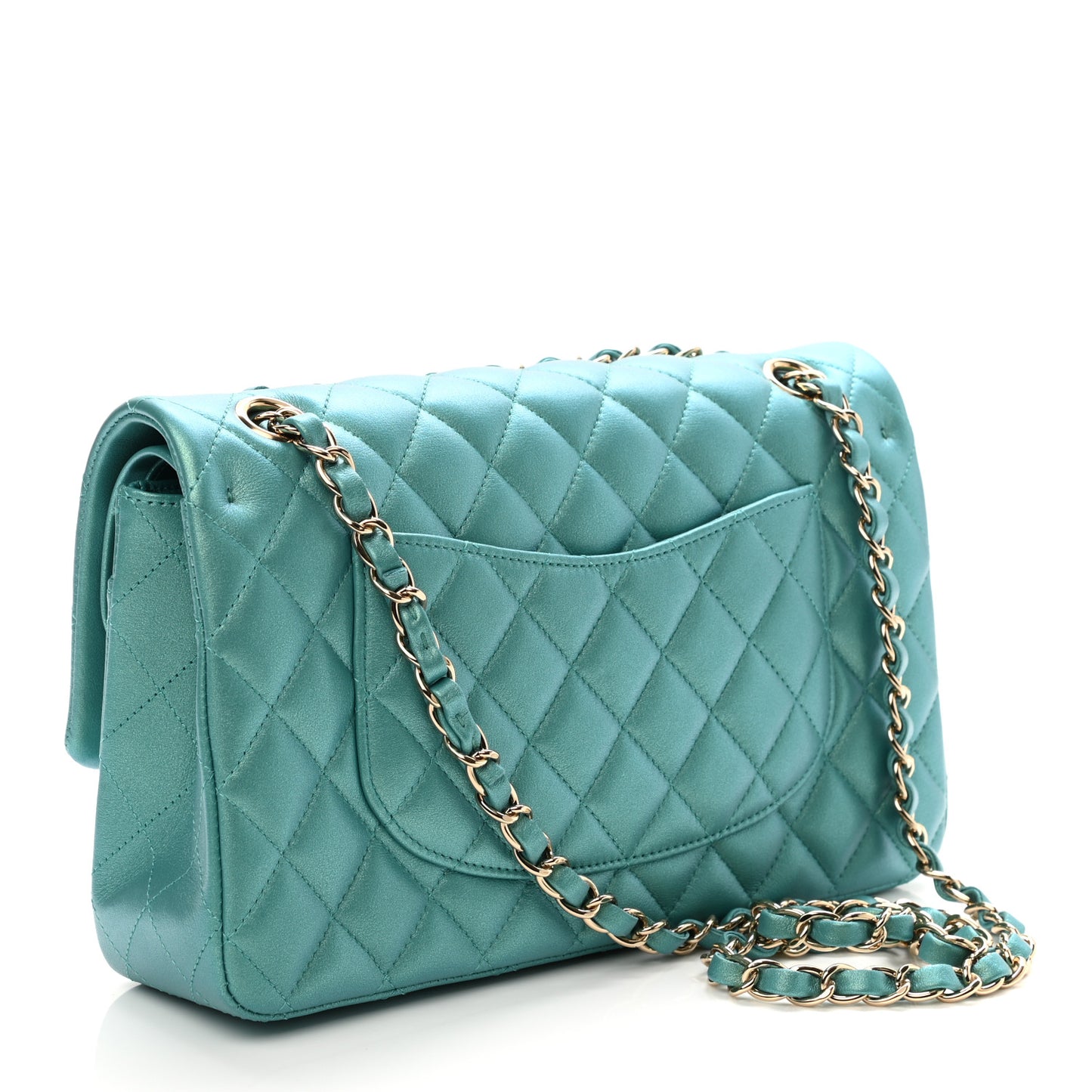Iridescent Calfskin Quilted Medium Double Flap Green