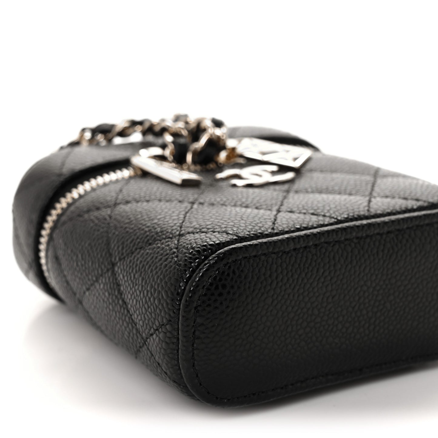 Caviar Quilted Small Handle With Care Vanity Case With Chain Black