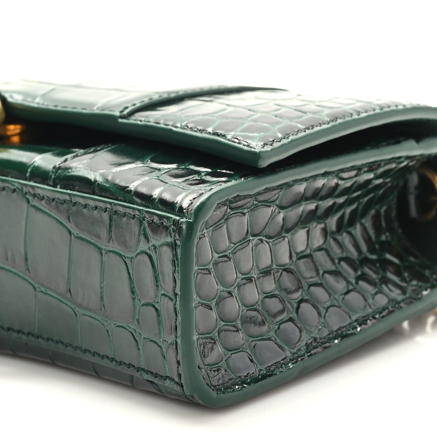 Shiny Calfskin Crocodile Embossed Hourglass Chain Bag Forest Green
