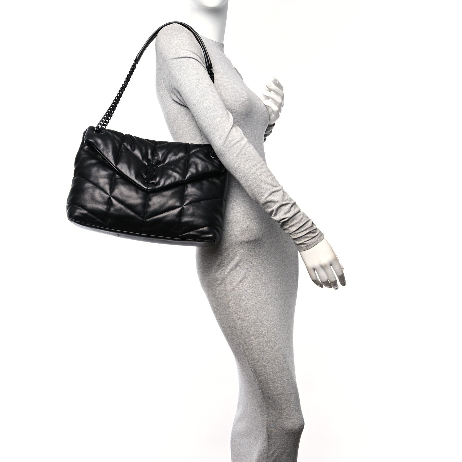 Saint Laurent Lambskin Quilted Monogram Monochrome Medium Loulou Puffer Chain Satchel Black 2 of 11