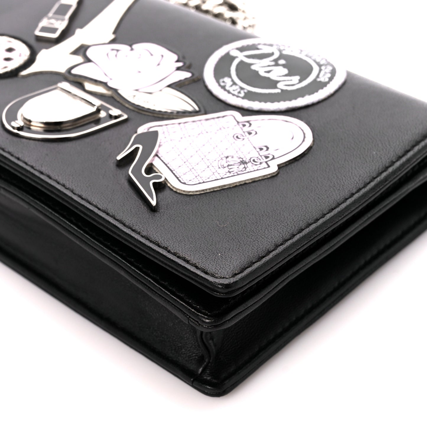 Calfskin Patch Embroidered Diorama Chain Wallet Black