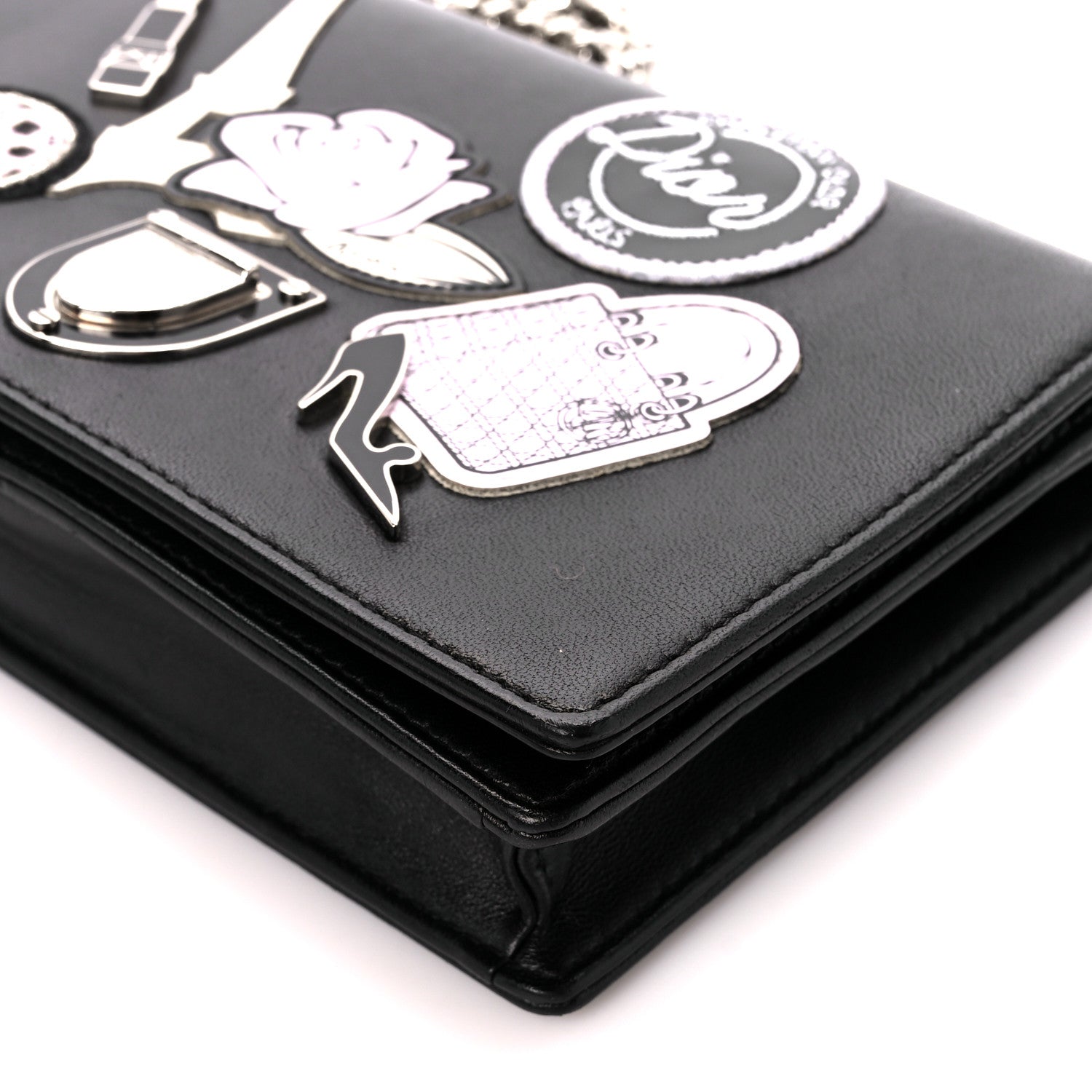 Christian Dior Calfskin Patch Embroidered Diorama Chain Wallet Black 13 of 13