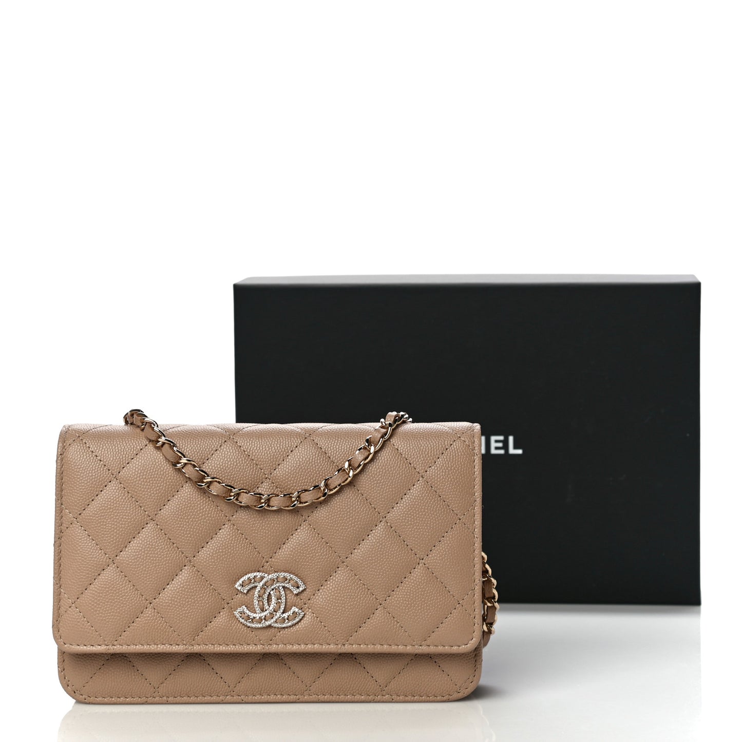 Caviar Quilted Crystal CC Wallet On Chain WOC Beige