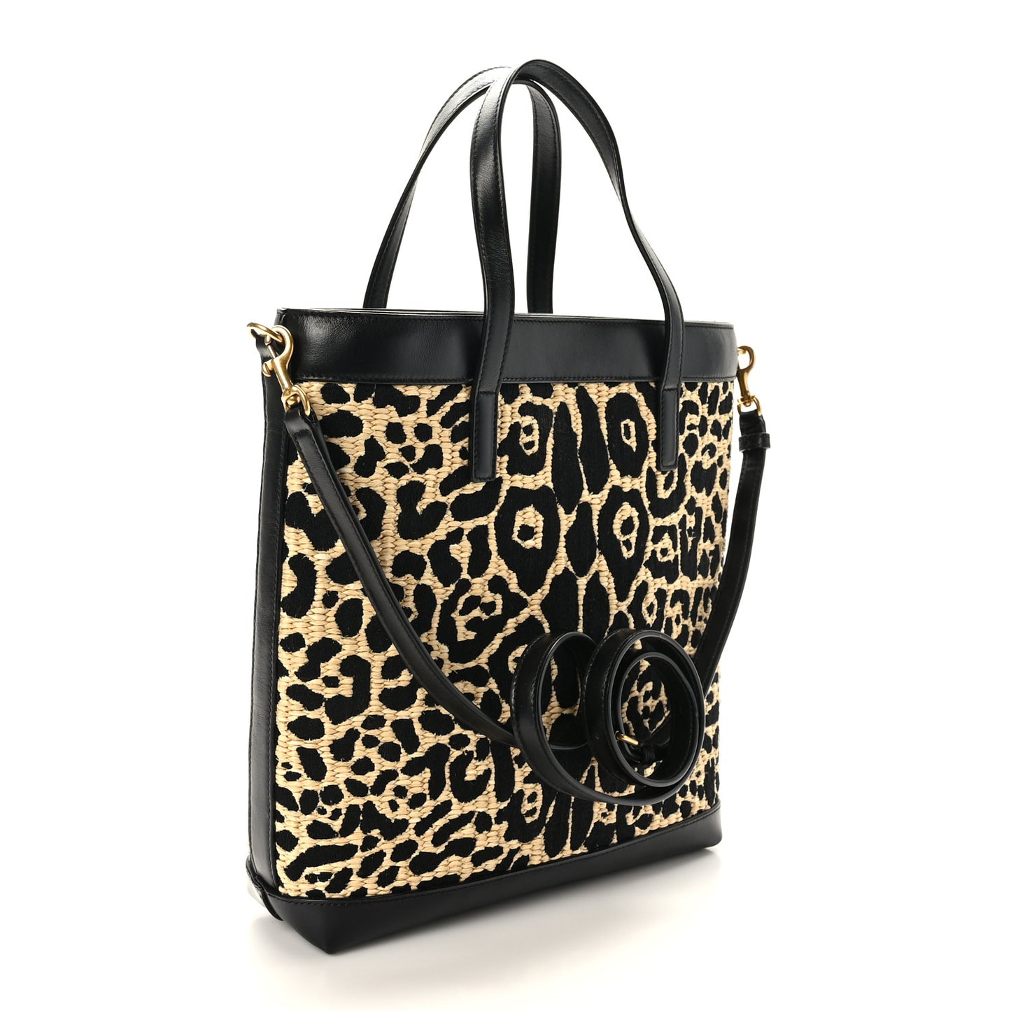 Raffia Calfskin Leopard Print Toy Shopping Tote Natural Black