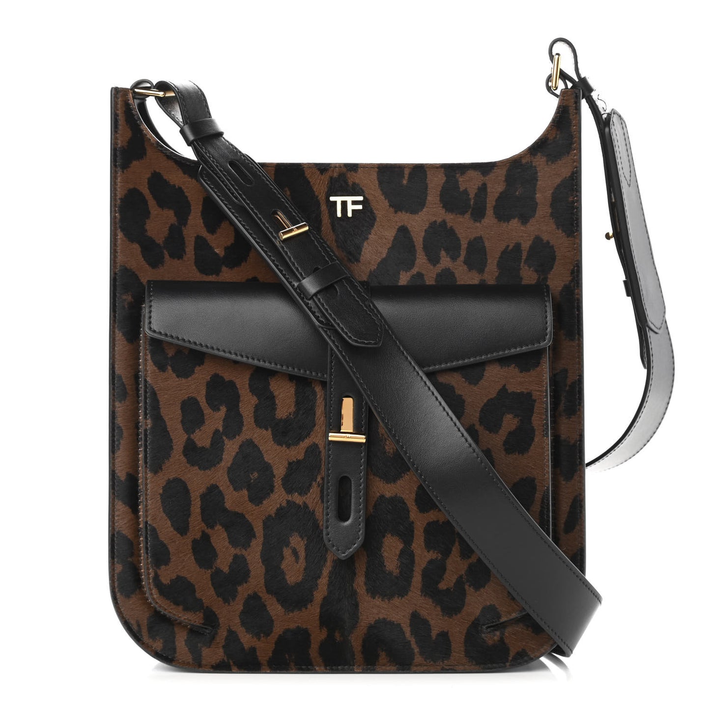 Calfskin Calf Hair Leopard Print Medium T Twist Tote Dark Whisky Black